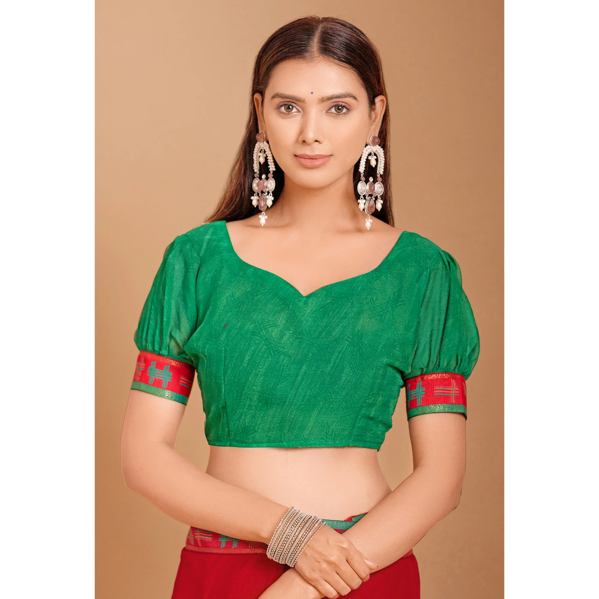Red Geometric Printed Chiffon Saree - Image 5