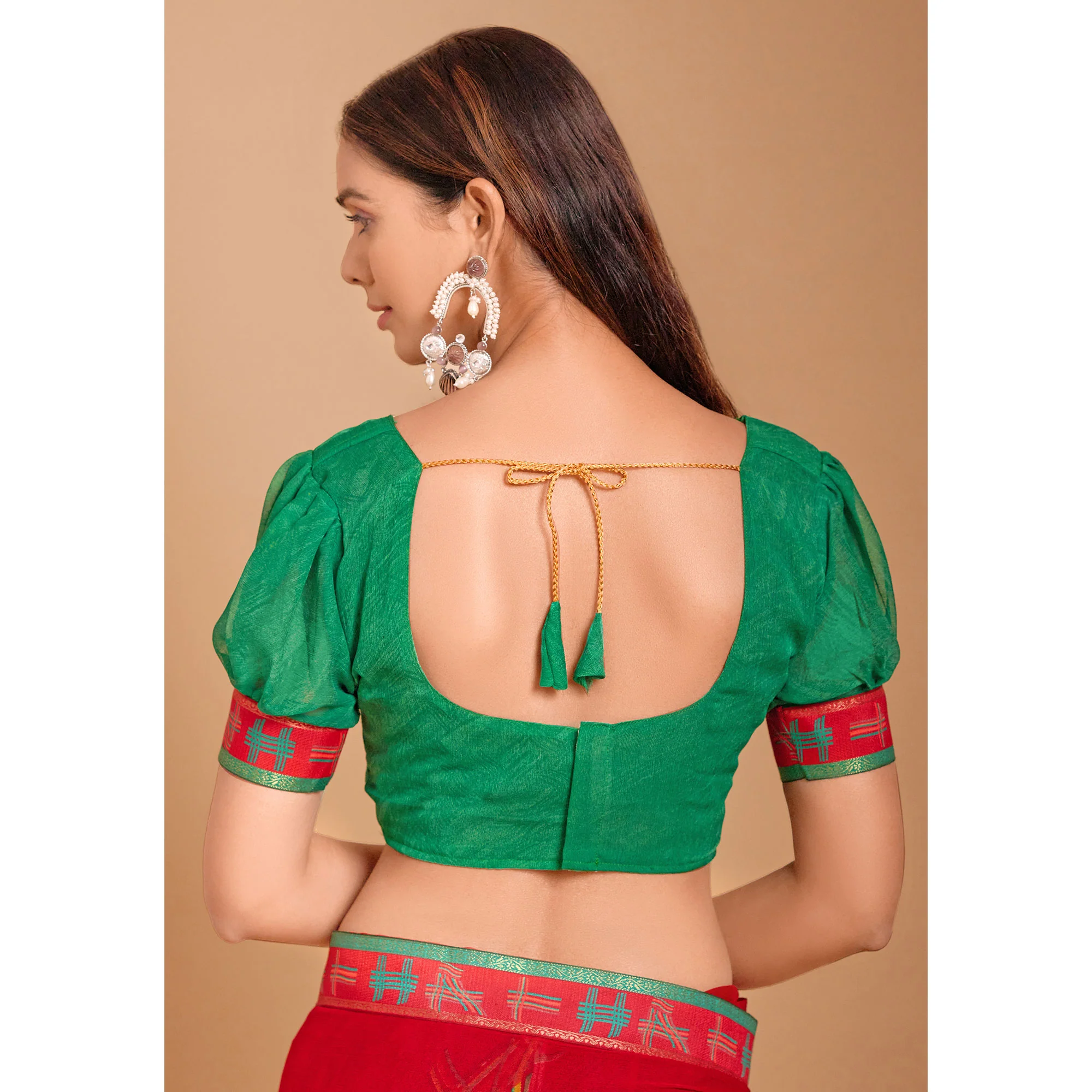 Red Geometric Printed Chiffon Saree - Image 6