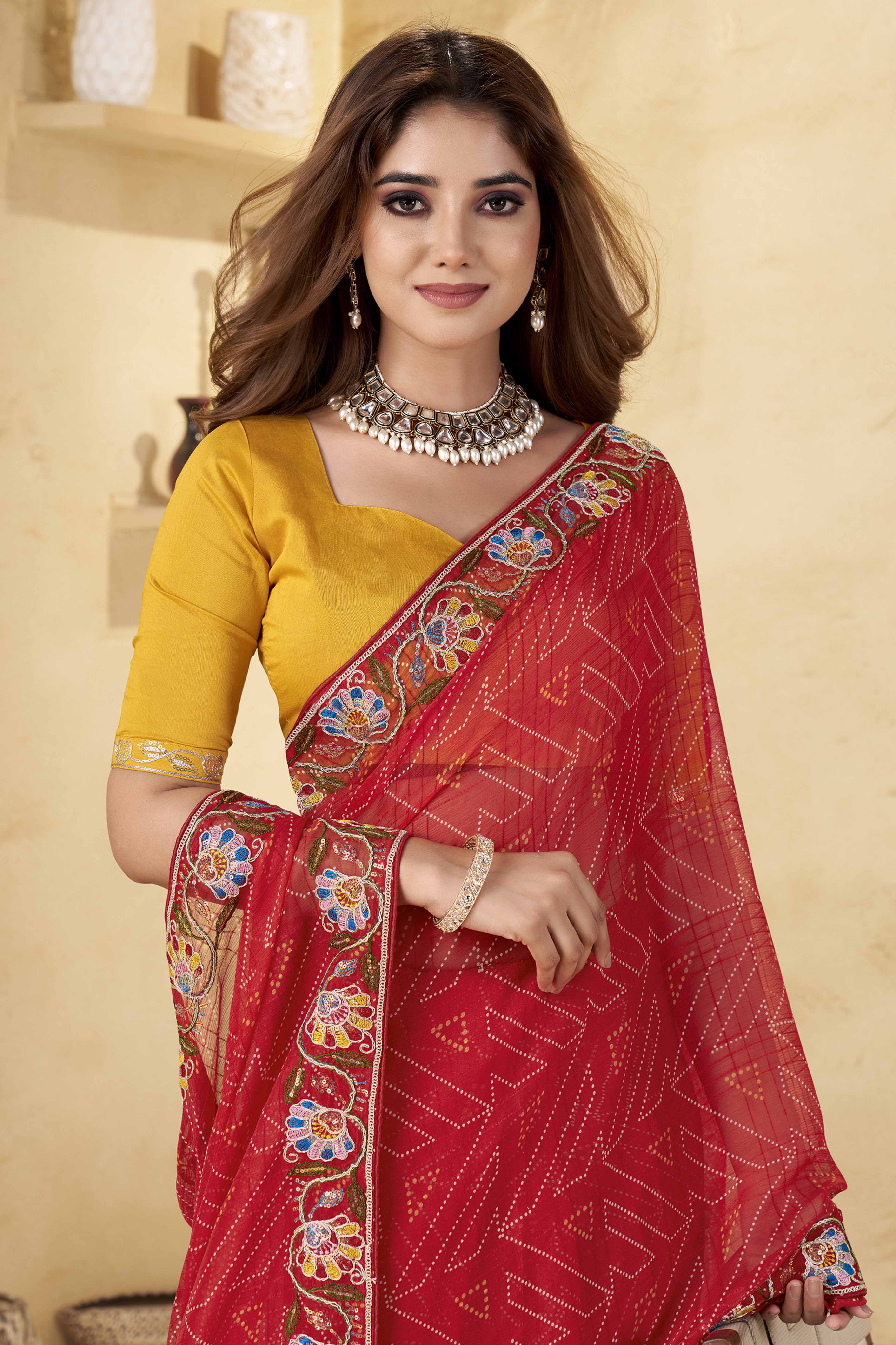 Red Geometric Printed Chiffon Saree Accented With Floral Sequins Embroidered Border Work - Image 3