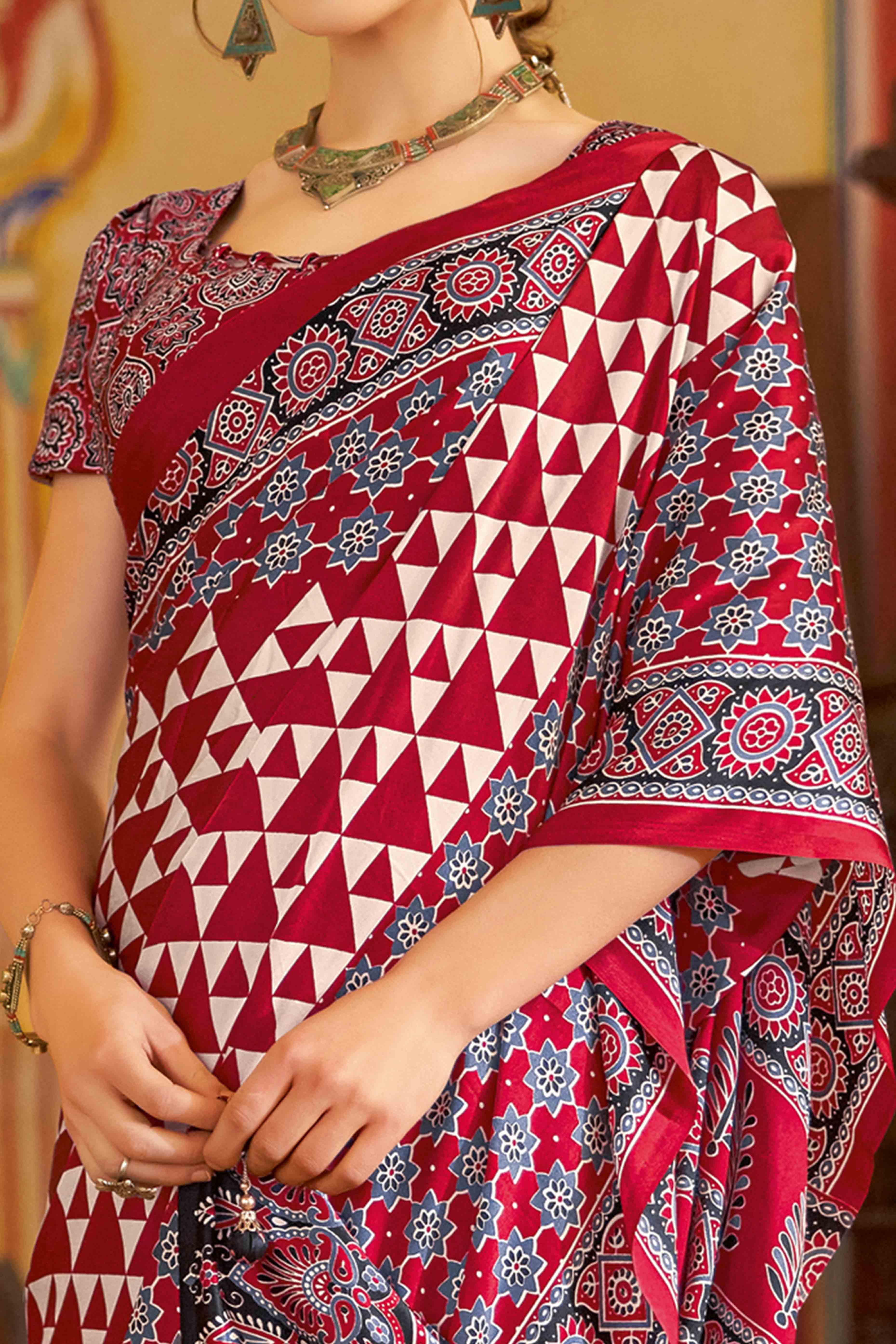 Red Geometric Printed Satin Saree With Tassels - Image 2