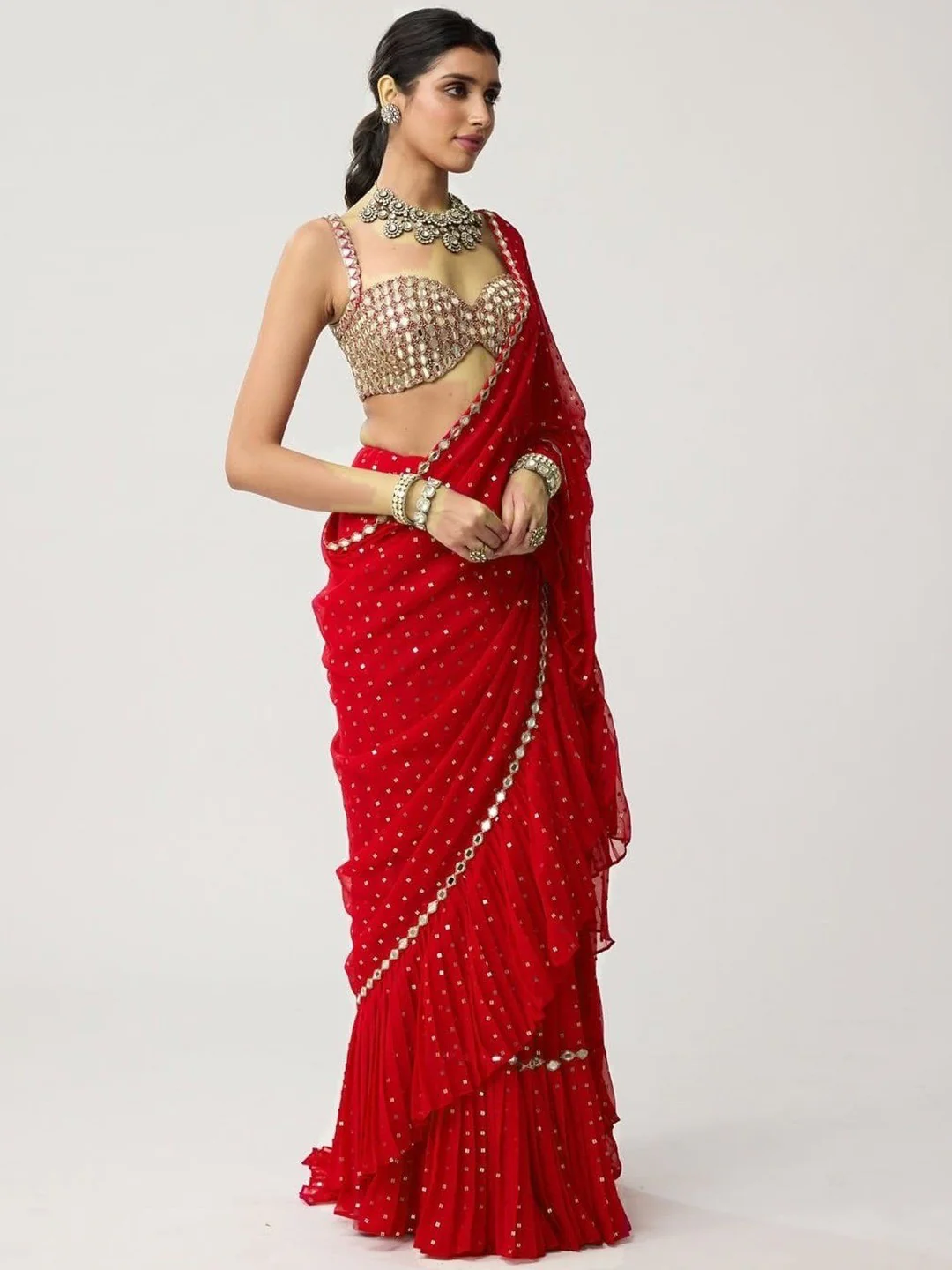 Red Georgette Bollywood Saree with Mirror Work and Ruffled Details - Image 2