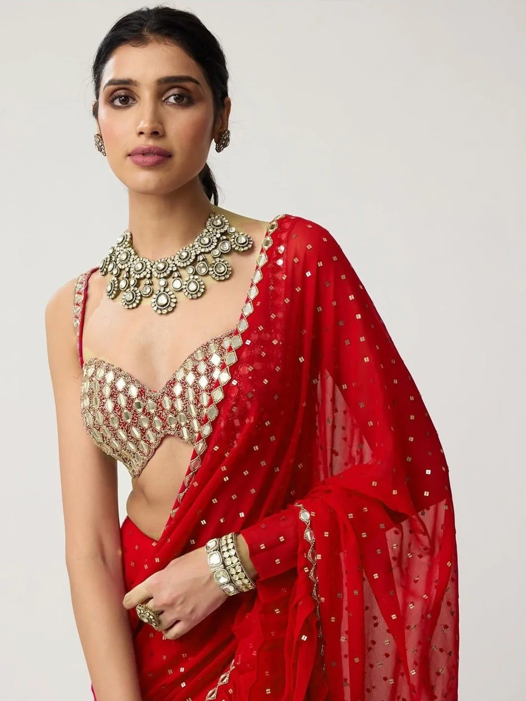 Red Georgette Bollywood Saree with Mirror Work and Ruffled Details - Image 3