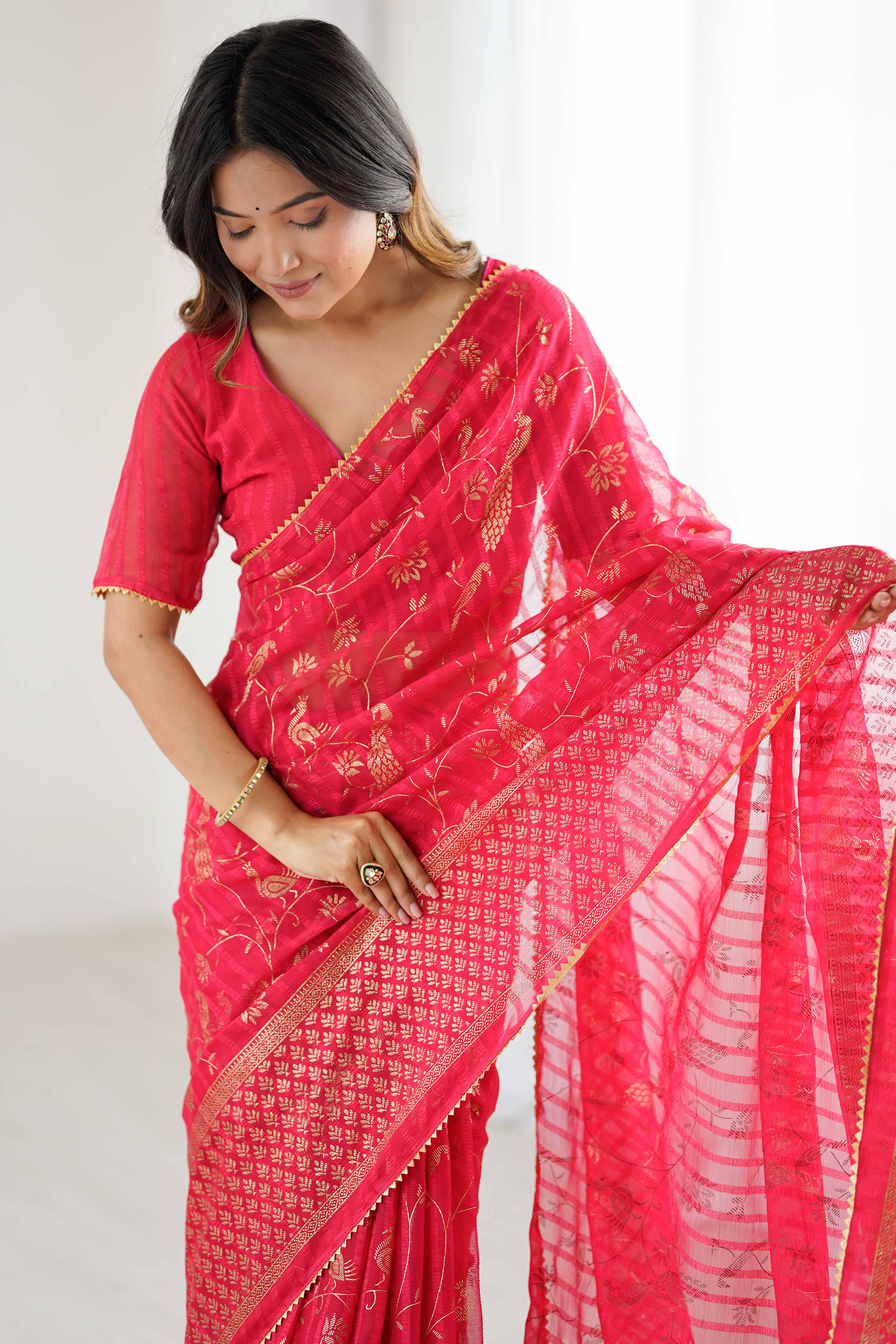 Red Georgette Saree with Shimmering Foil Print & Gota Patti Border - Image 7