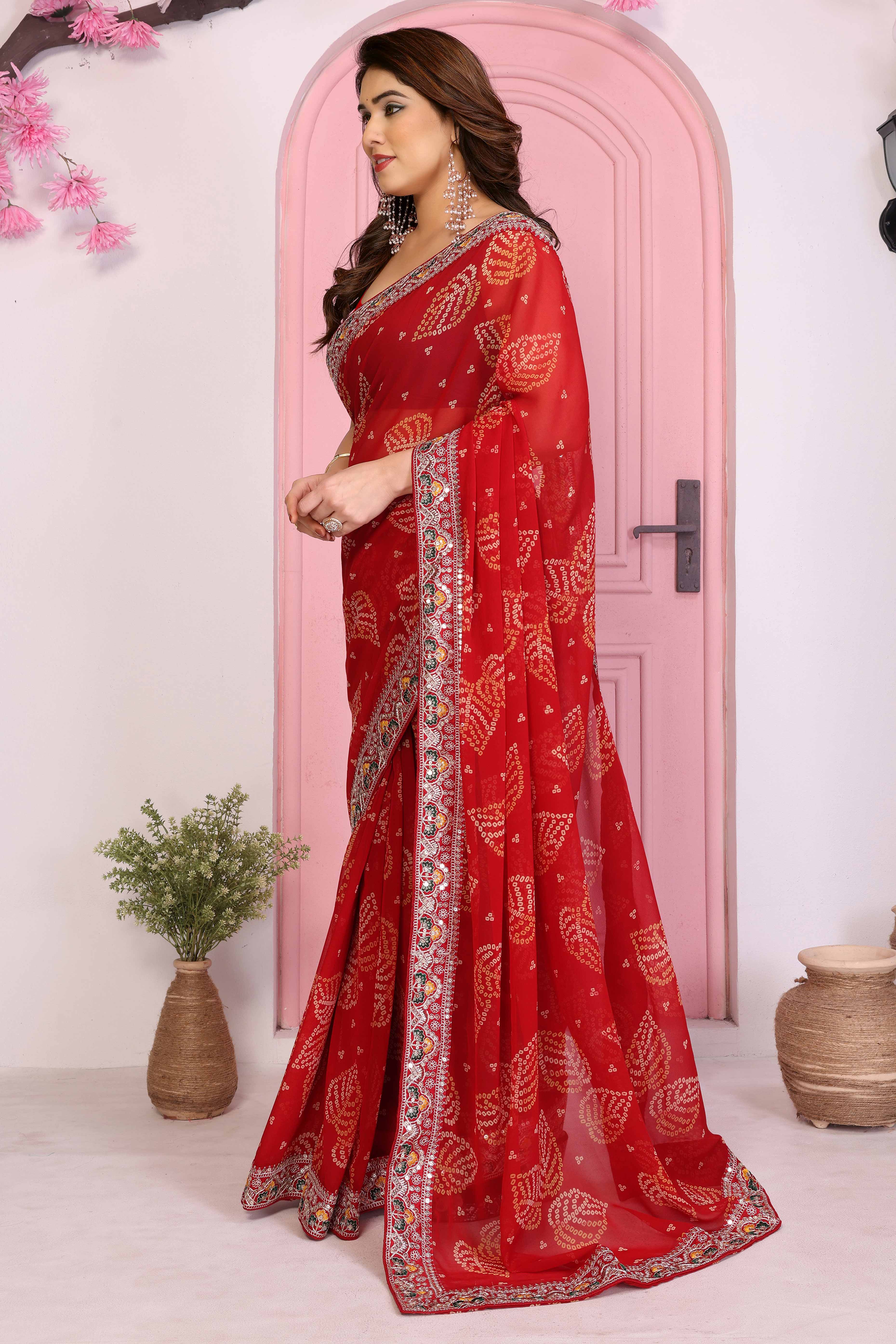 Red Georgette Saree with Traditional Bandhani Print and Lace Accents - Image 3