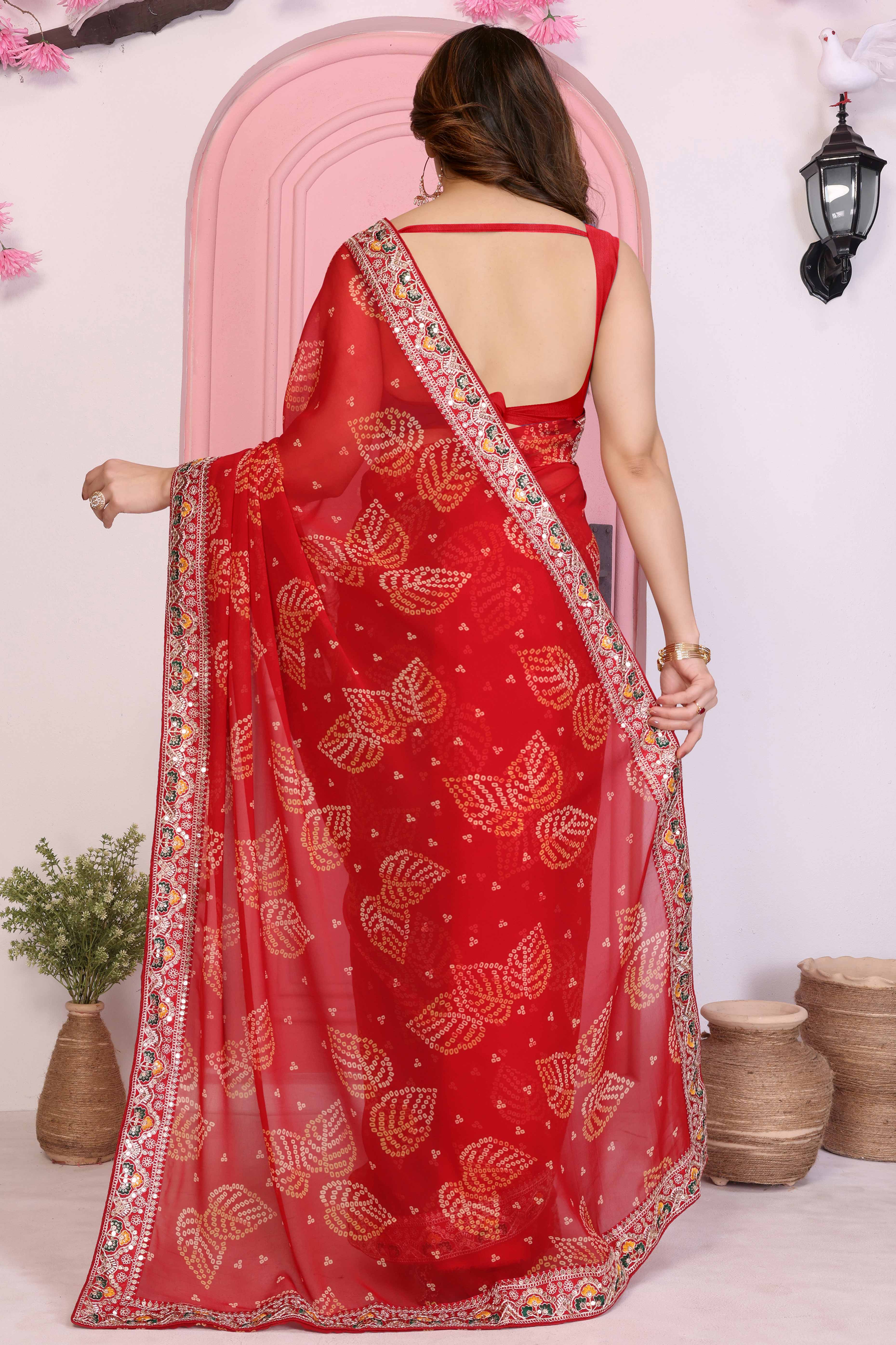 Red Georgette Saree with Traditional Bandhani Print and Lace Accents - Image 4