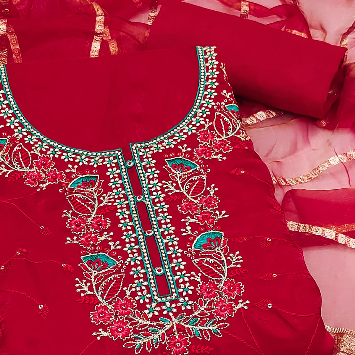 Red Georgette Silk Dress Material Beautified With Floral Sequins Embroidery - Image 2
