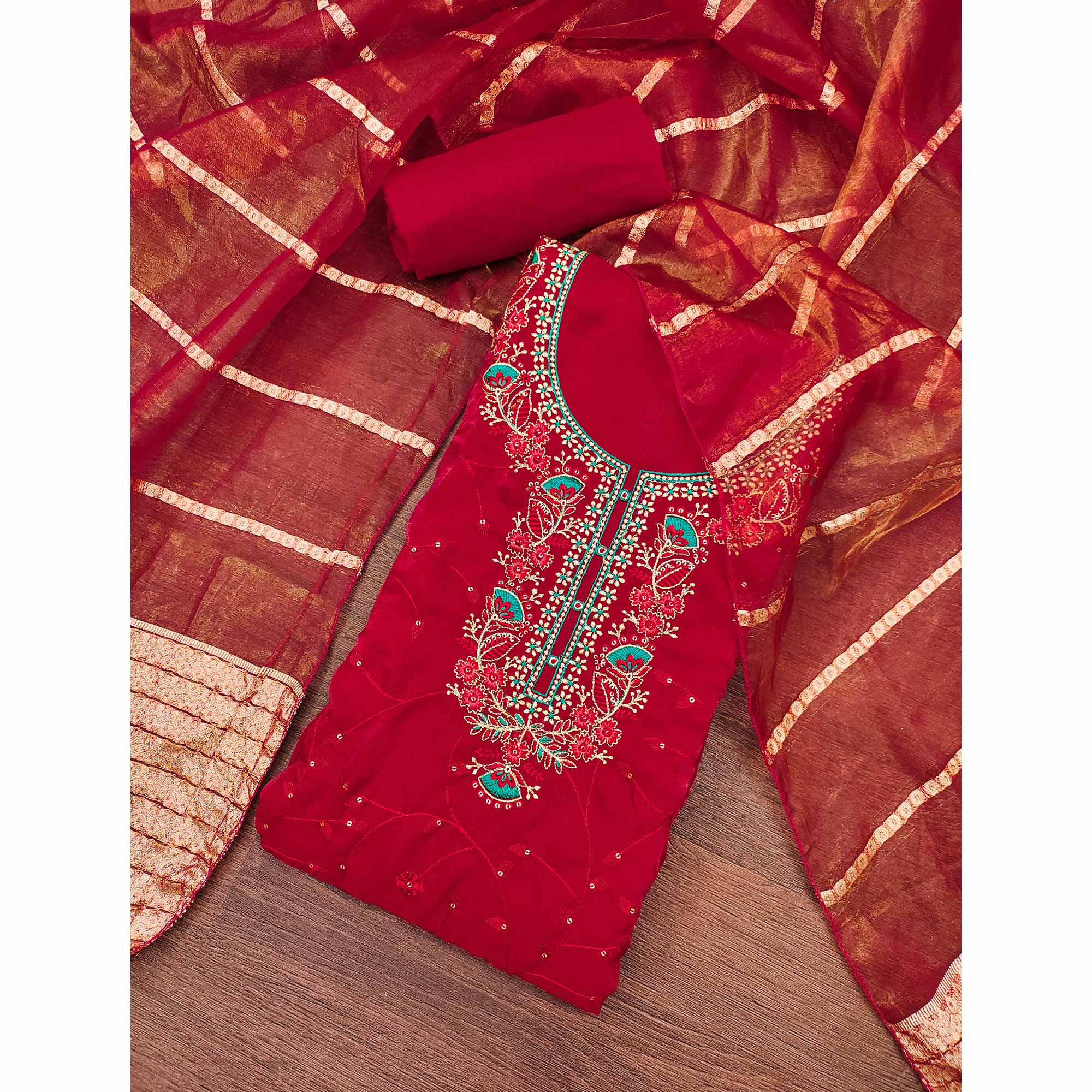 Red Georgette Silk Dress Material Beautified With Floral Sequins Embroidery - Image 3