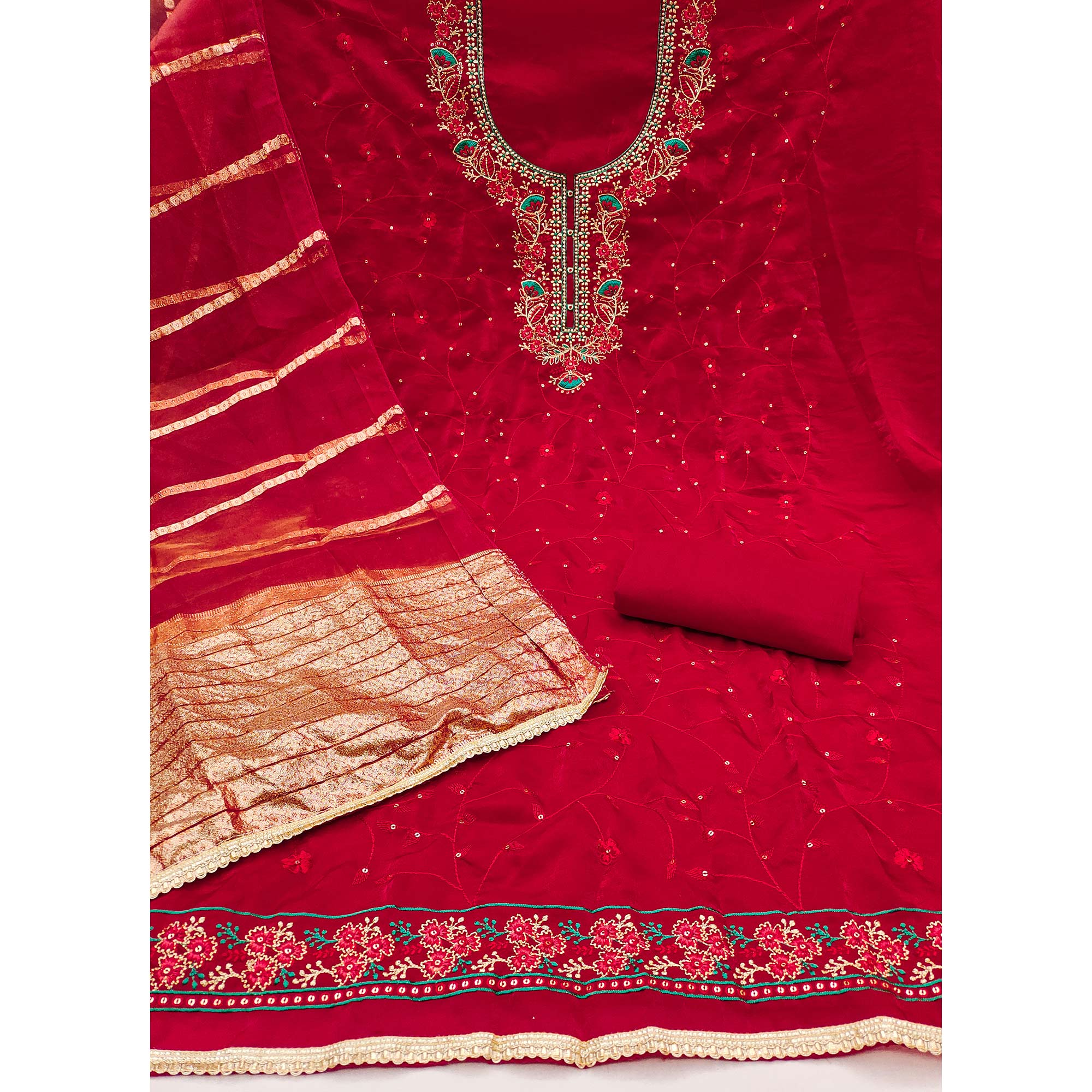 Red Georgette Silk Dress Material Beautified With Floral Sequins Embroidery - Image 4