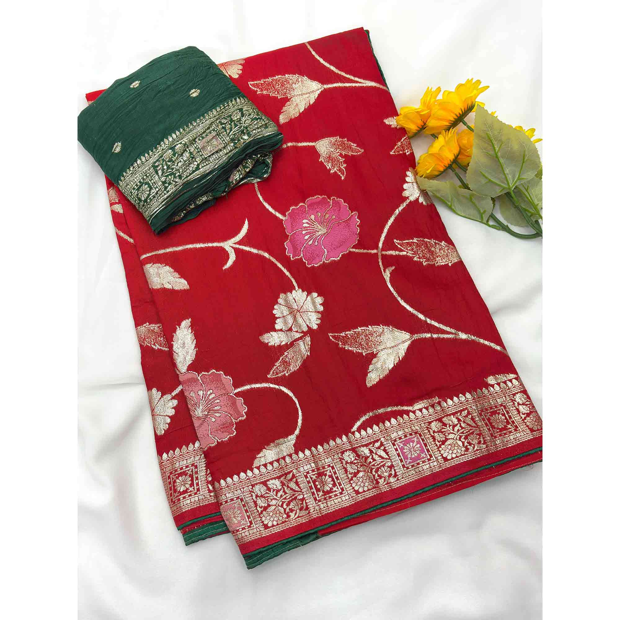Red Graceful Soft Muslin Saree Highlighted with Premium Meenakari Zari Work - Image 3