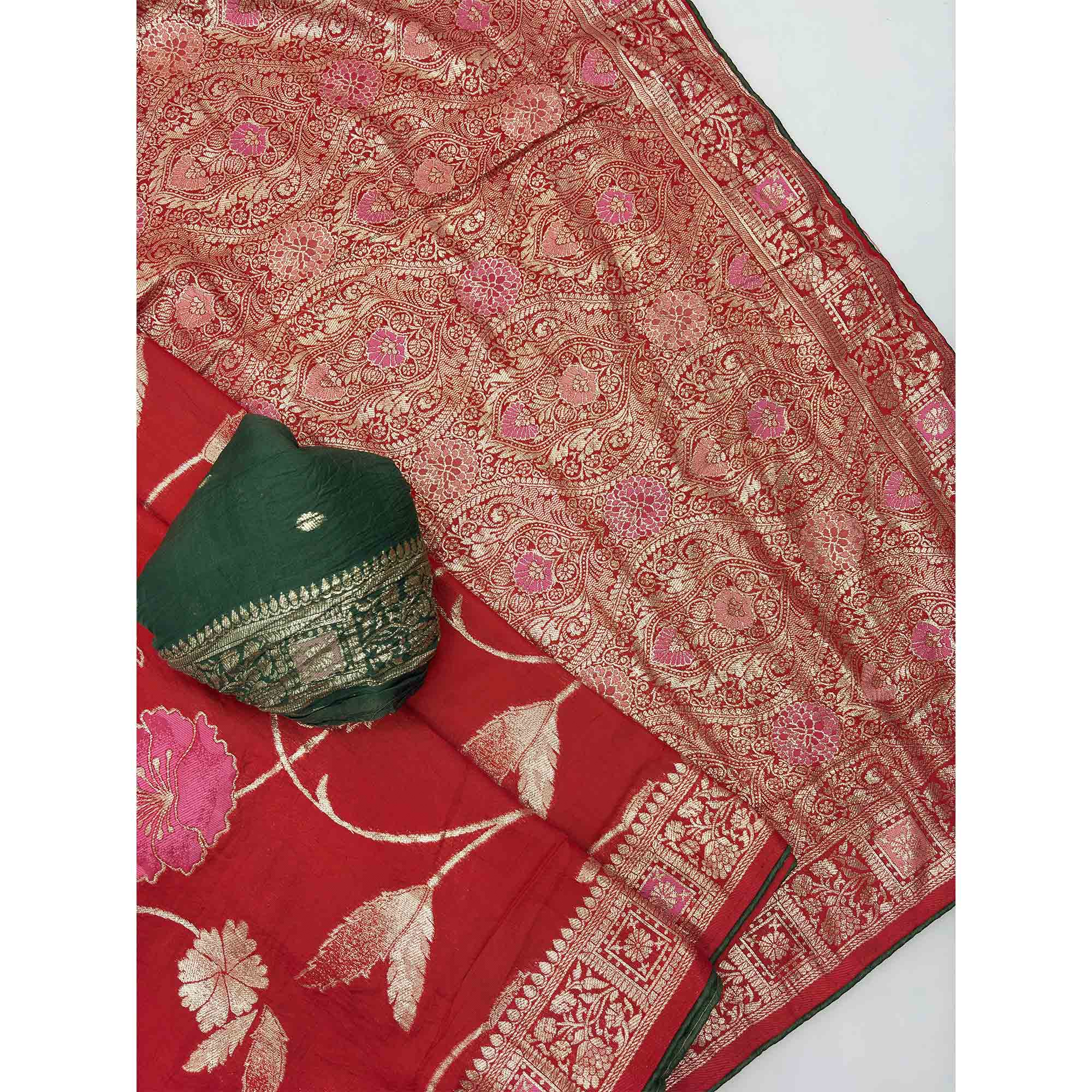 Red Graceful Soft Muslin Saree Highlighted with Premium Meenakari Zari Work - Image 4