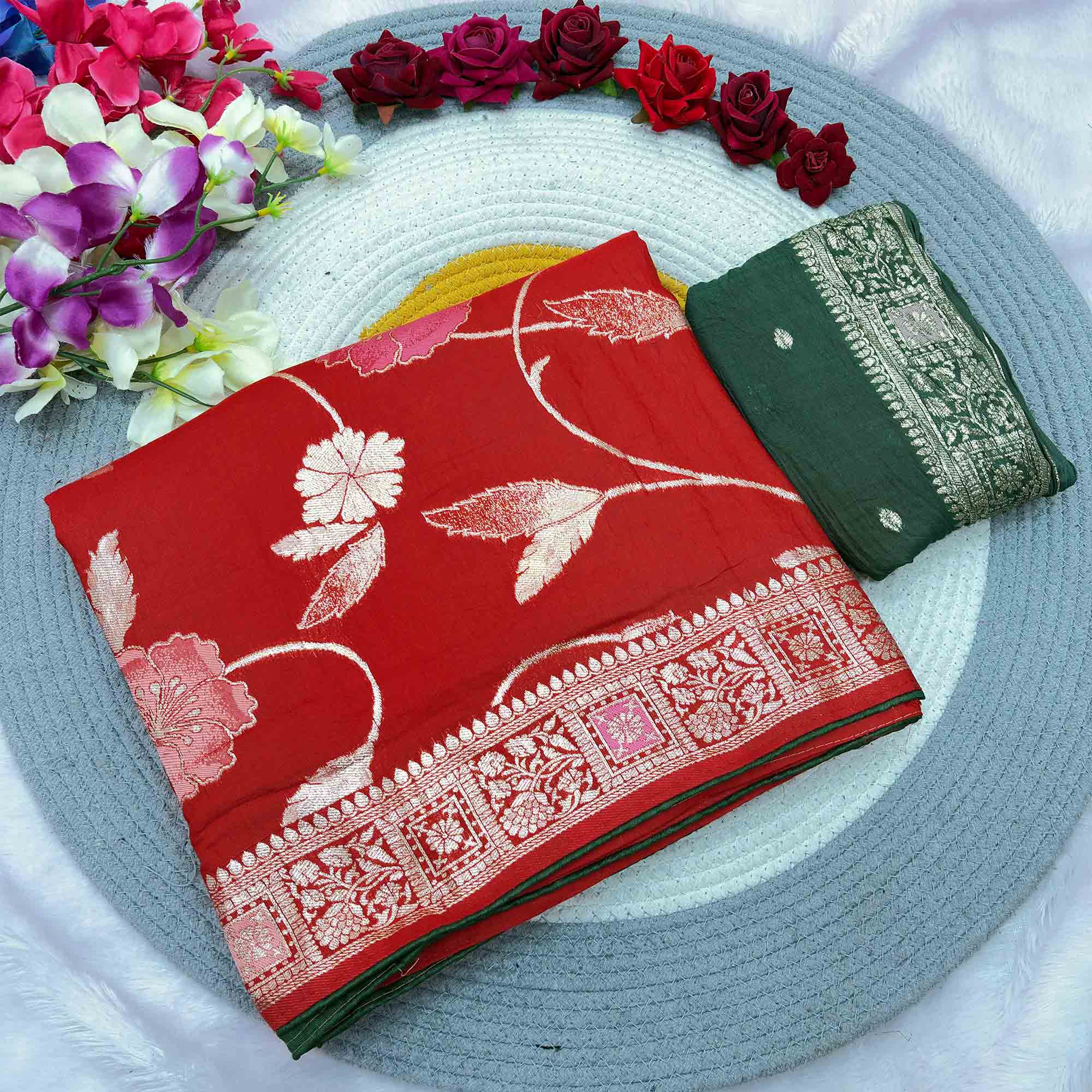 Red Graceful Soft Muslin Saree Highlighted with Premium Meenakari Zari Work - Image 5