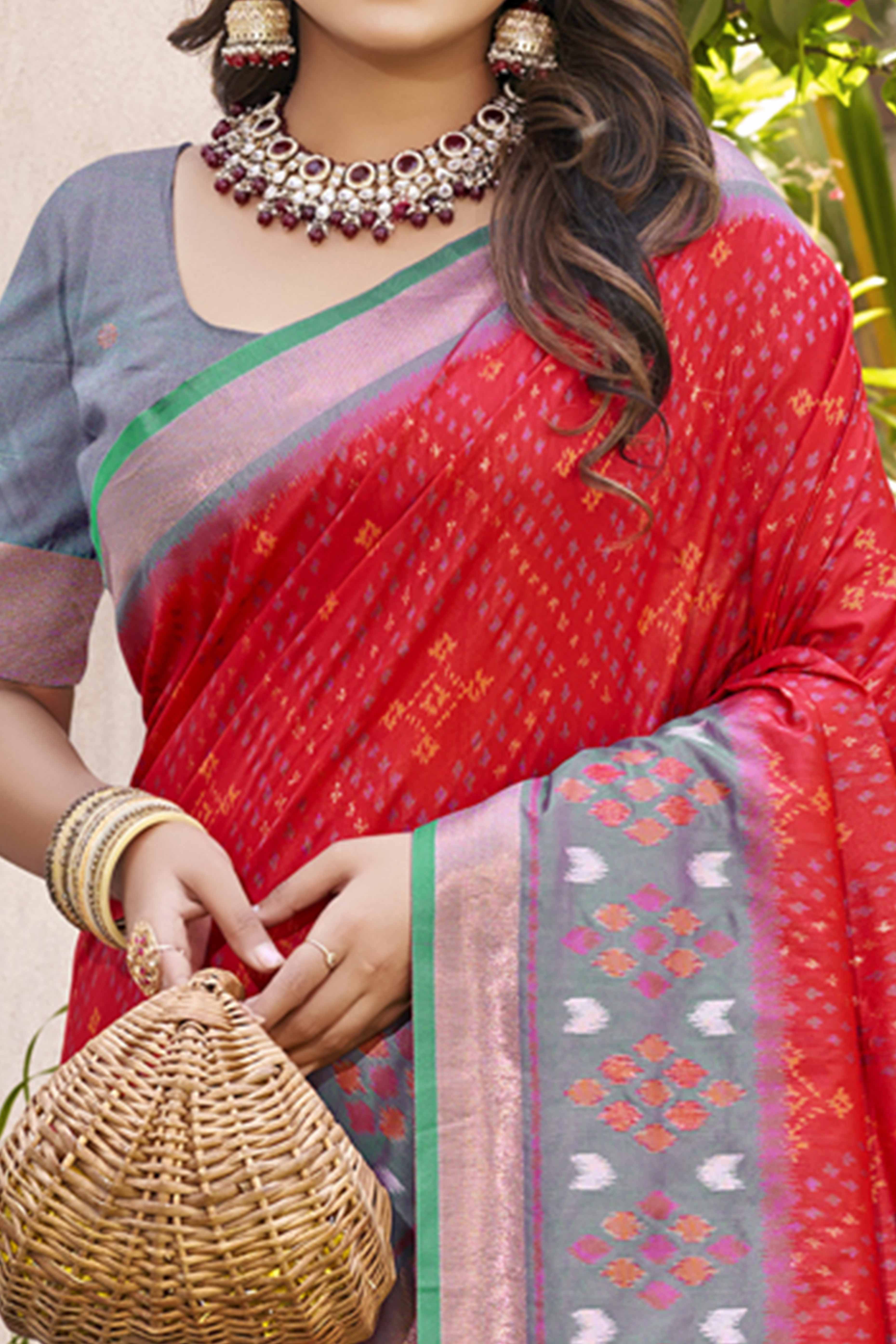 Red Ikkat Woven Silk Saree for Festive Celebrations - Image 2