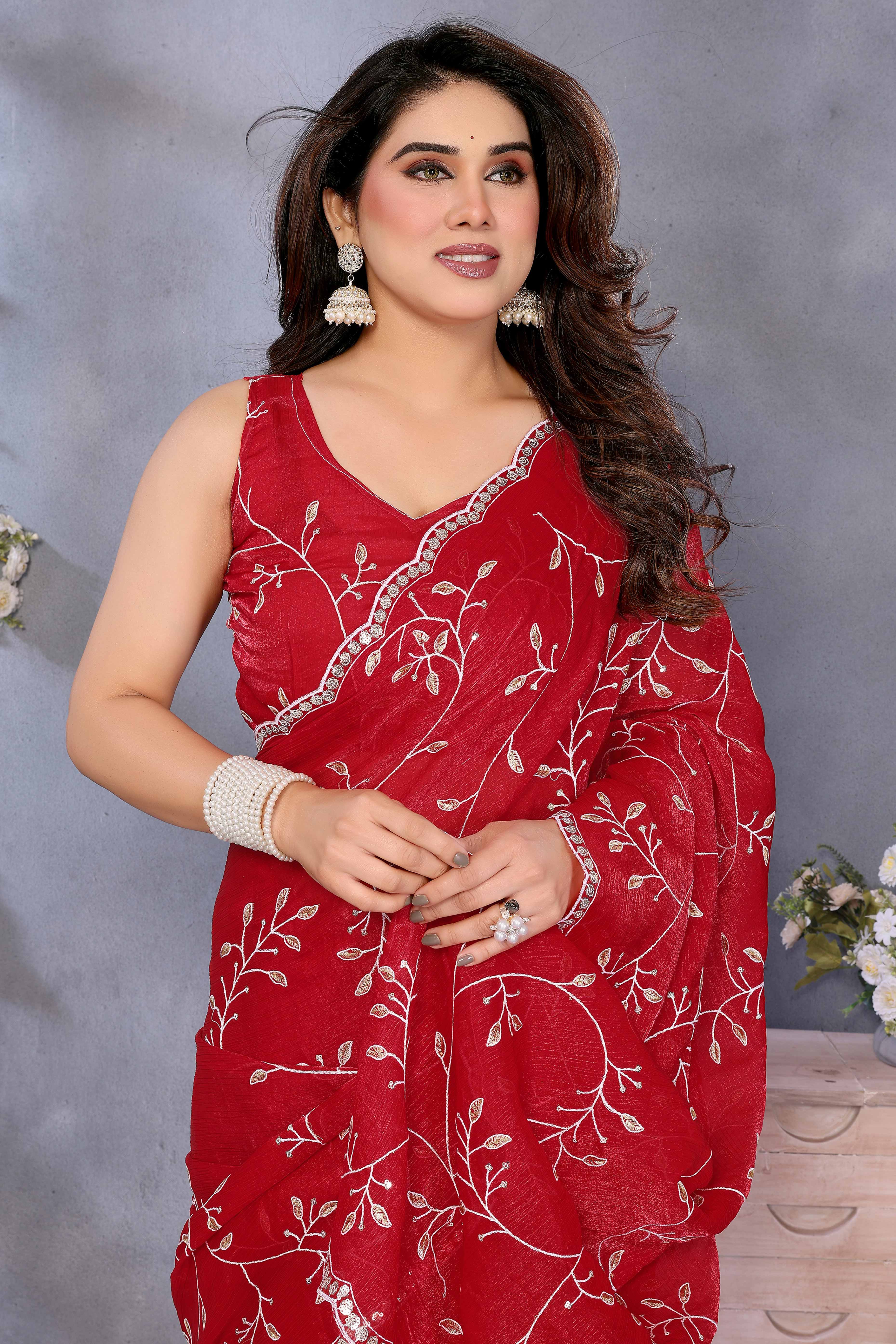 Red Jimmy Choo Chiffon Saree Adorned with Delicate Floral Sequins Embroidery - Image 6