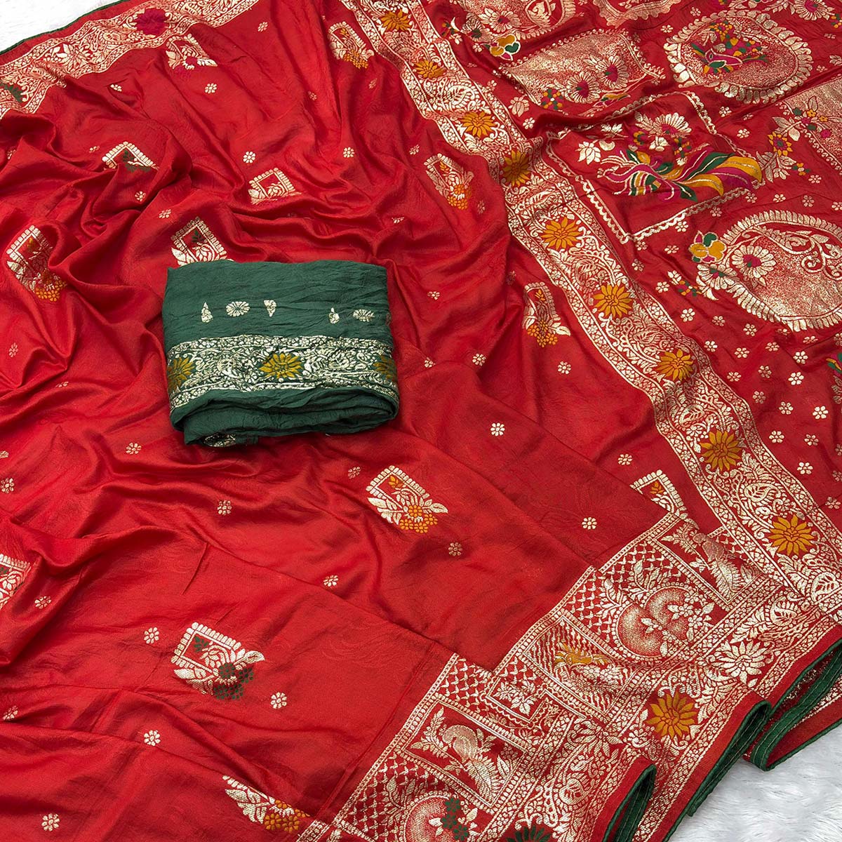 Red Lightweight Muslin Soft Saree Beautified with Classic Meenakari Zari Weaves - Image 2