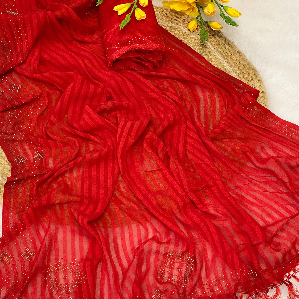 Red Lightweight Woven Chiffon Saree Enhanced with Swarovski Work - Image 2