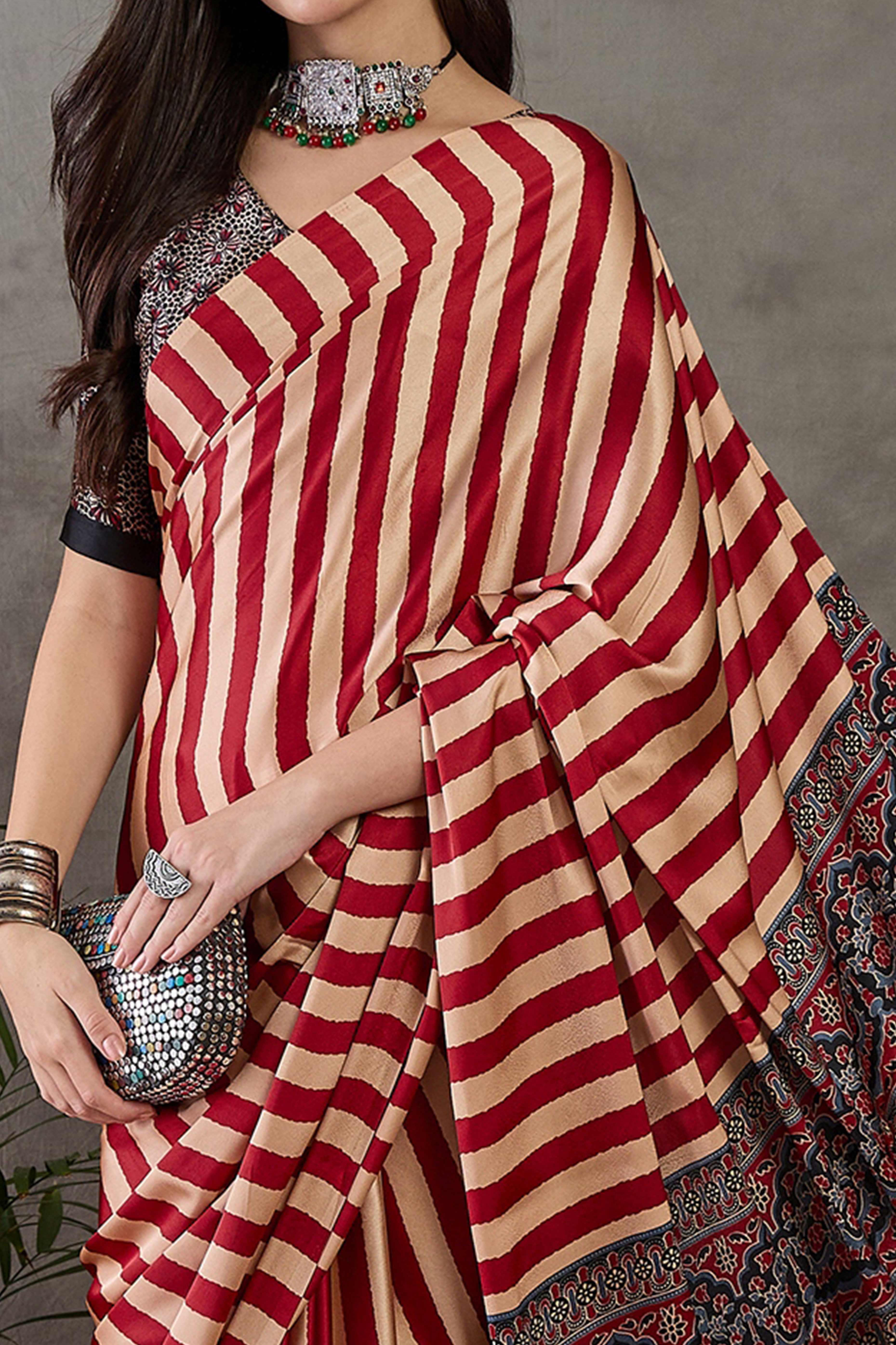 Red Modal Satin Saree with Subtle Stripe Design and Ajrakh Print on Pallu - Image 2