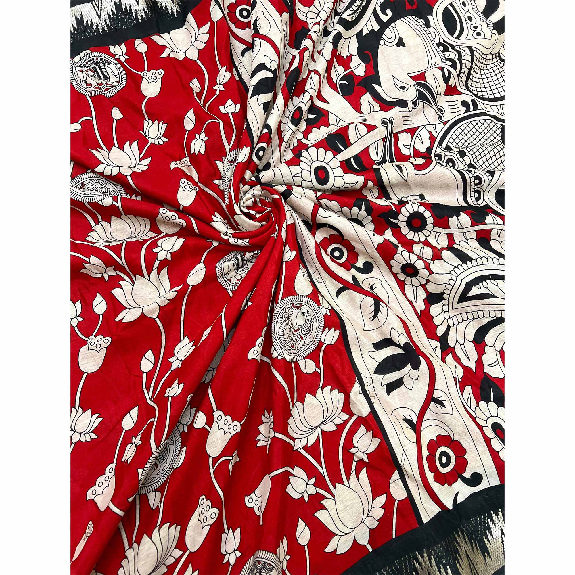 Red & Off White Pichwai-Inspired Kalamkari Print on Soft Pure Cotton Saree - Image 6