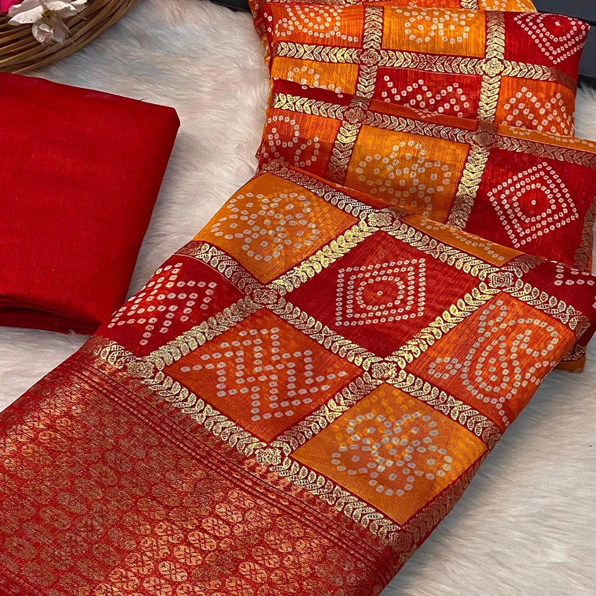 Red & Orange Bandhani Foil Printed Dola Silk Saree With Woven Border - Image 2