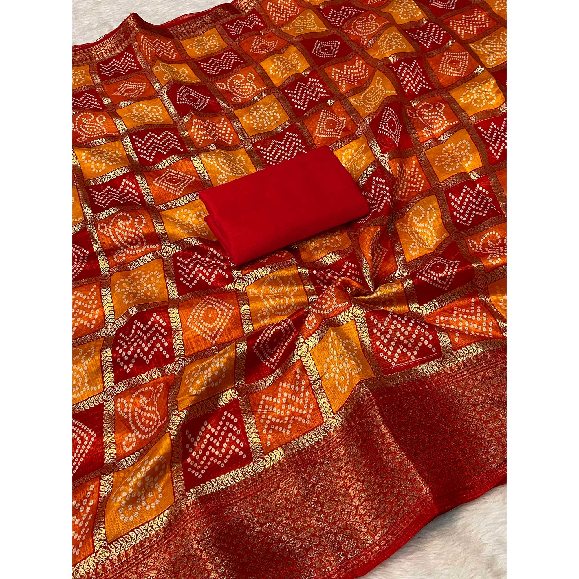 Red & Orange Bandhani Foil Printed Dola Silk Saree With Woven Border - Image 4