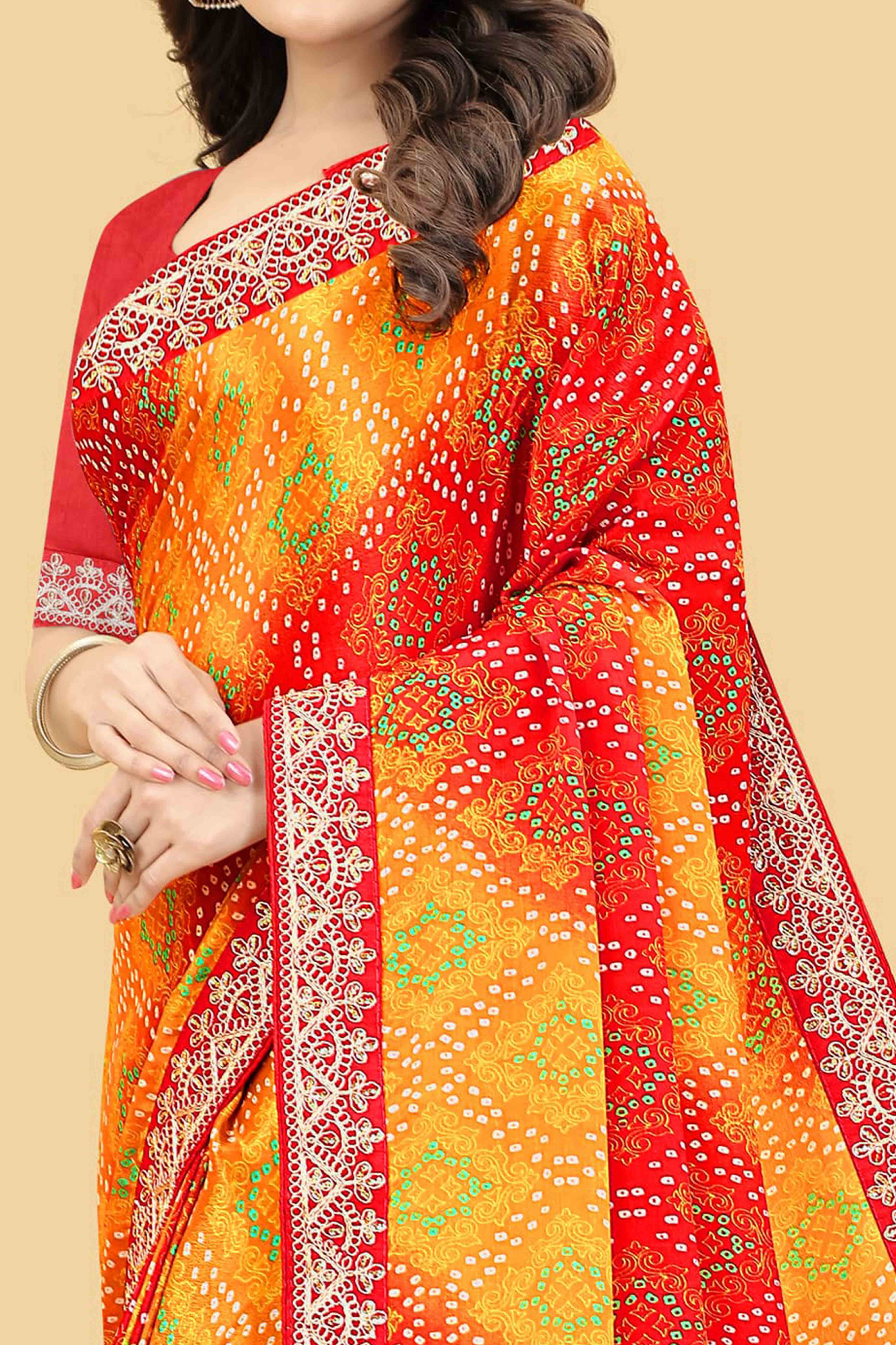 Red & Orange Bandhani Printed Chinon Saree - Image 2