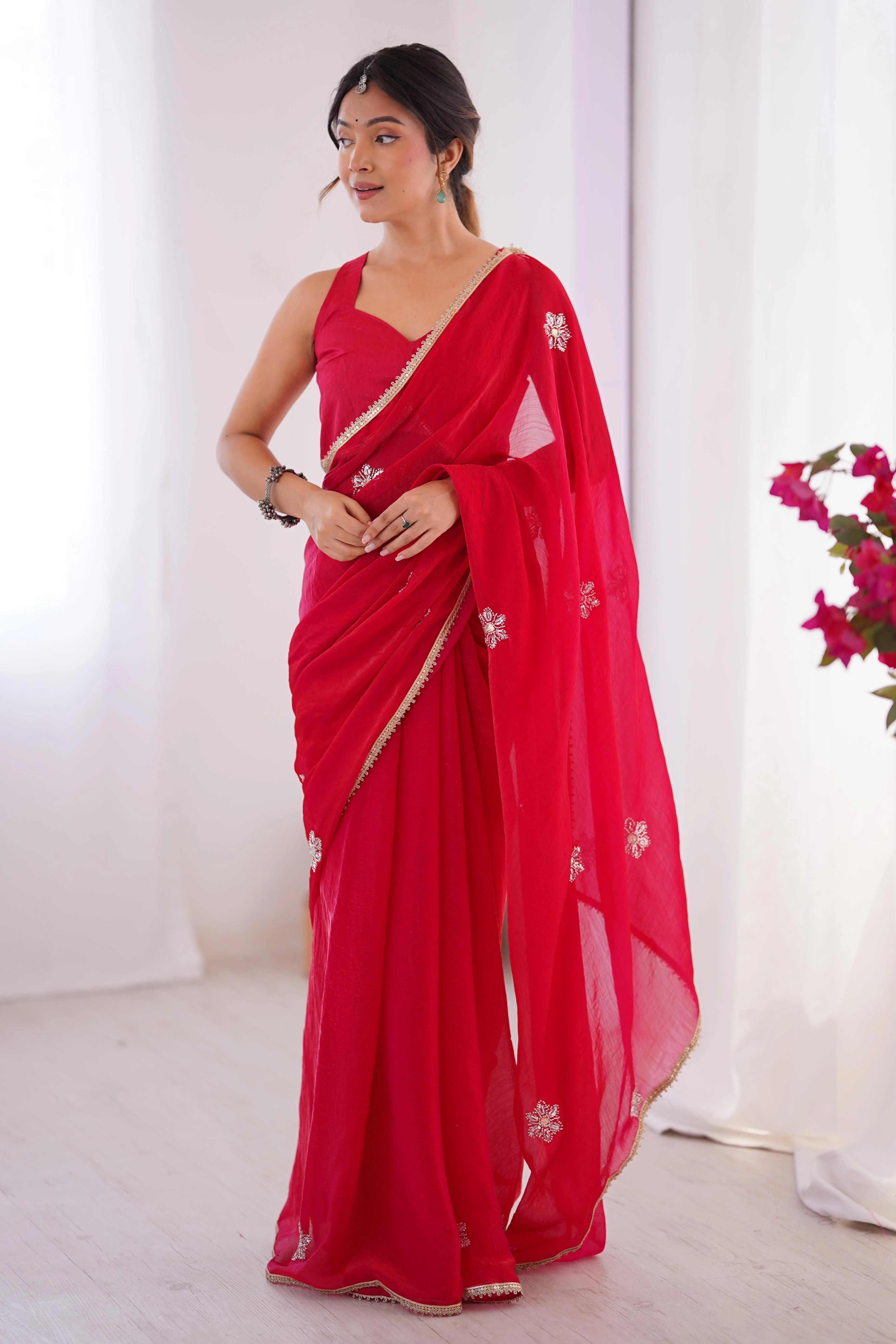 Red Organza Saree Embellished with Intricate Floral Work and Elegant Lace Detailing - Image 3