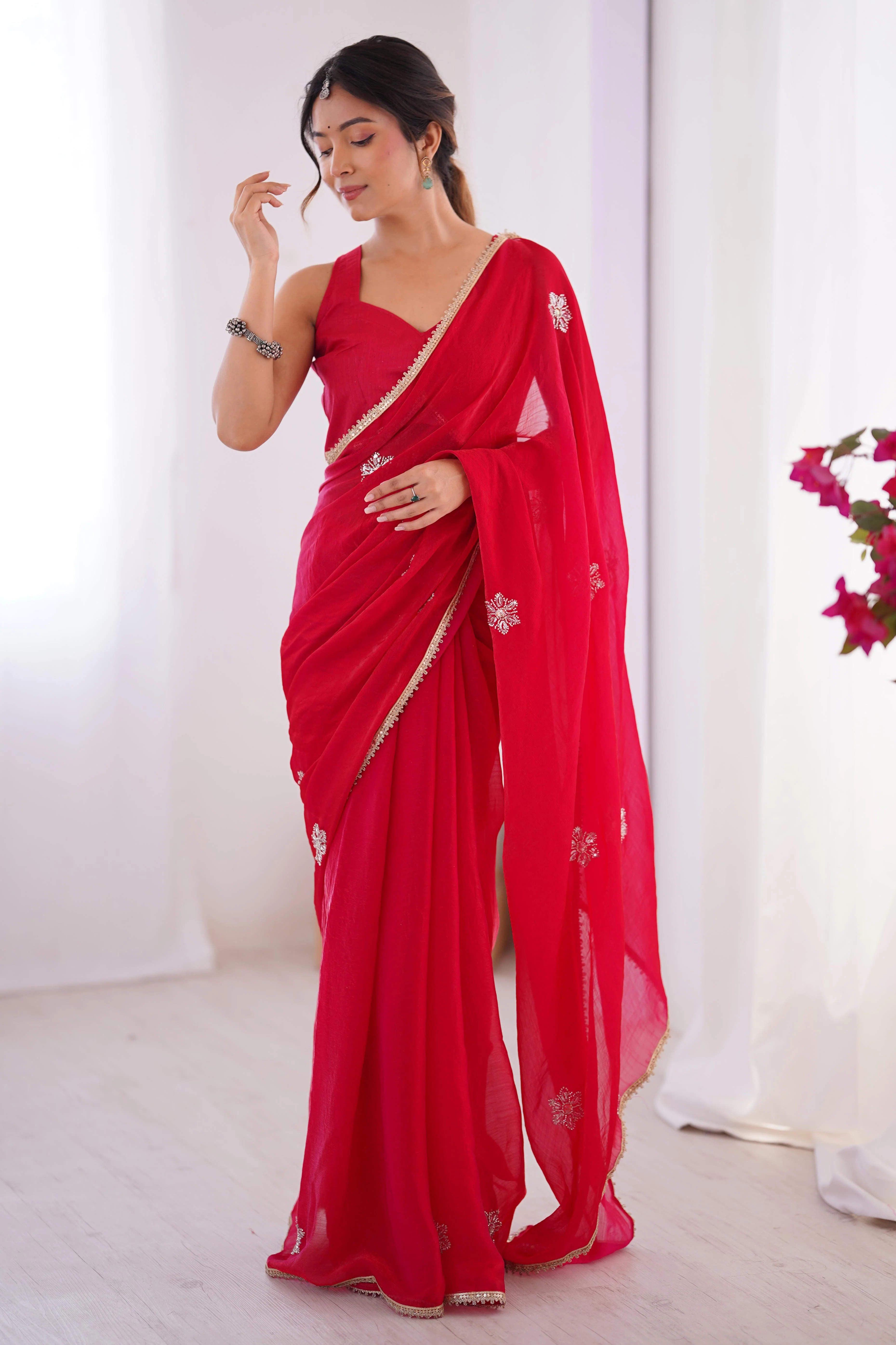 Red Organza Saree Embellished with Intricate Floral Work and Elegant Lace Detailing - Image 7