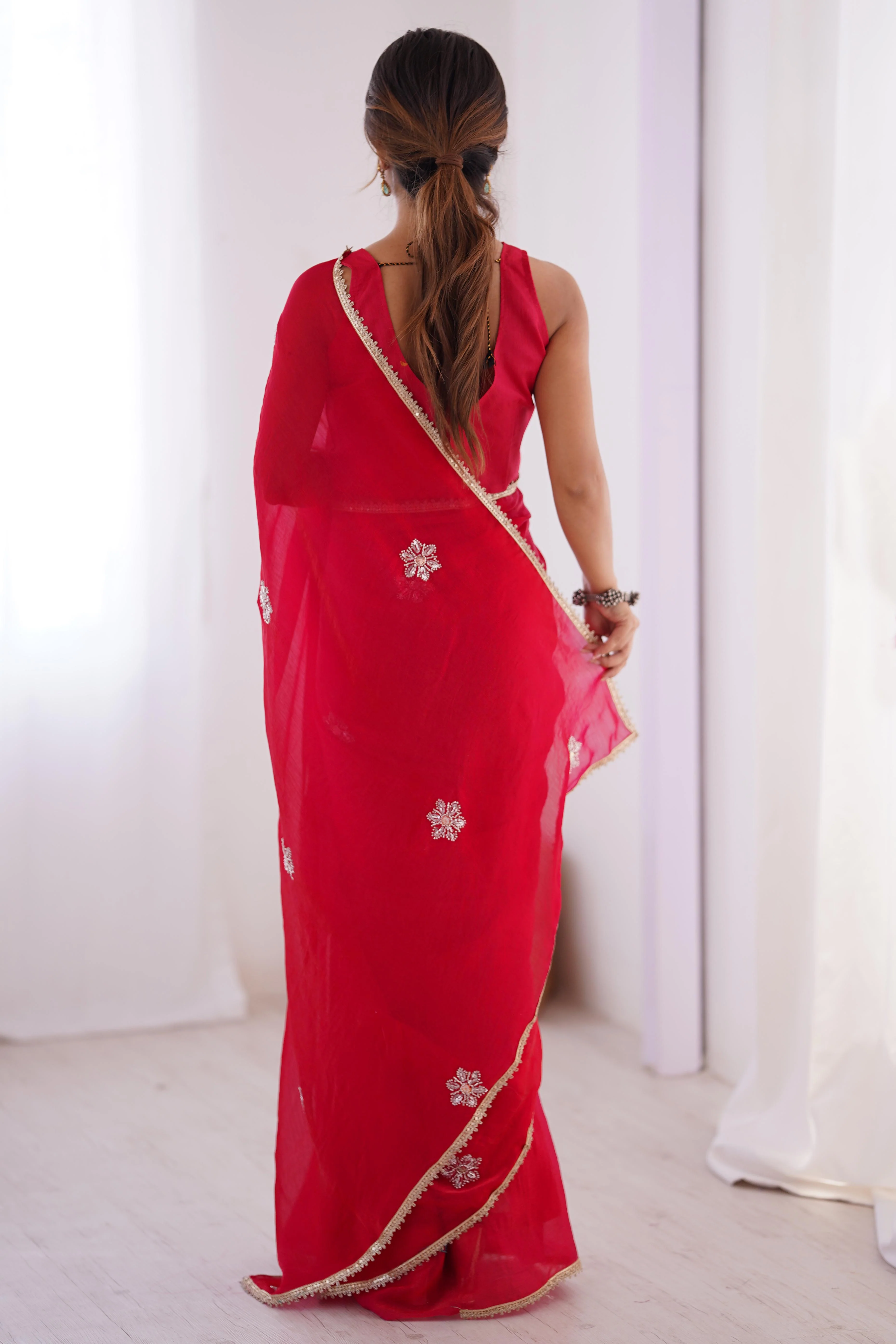 Red Organza Saree Embellished with Intricate Floral Work and Elegant Lace Detailing - Image 8