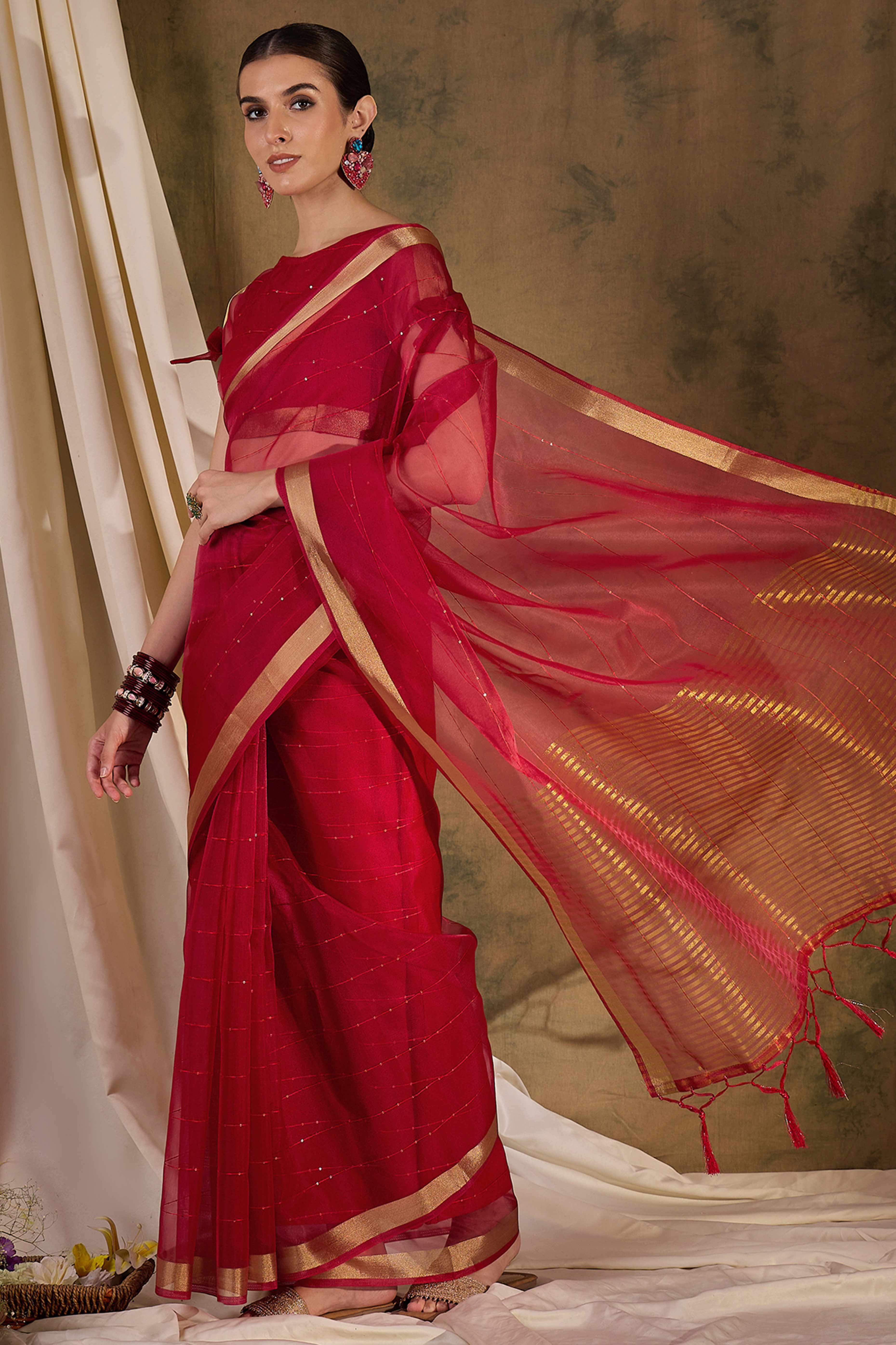 Red Organza Silk Saree Featuring Shimmering Sequins Embroidery & Elegant Tasselled Pallu - Image 3