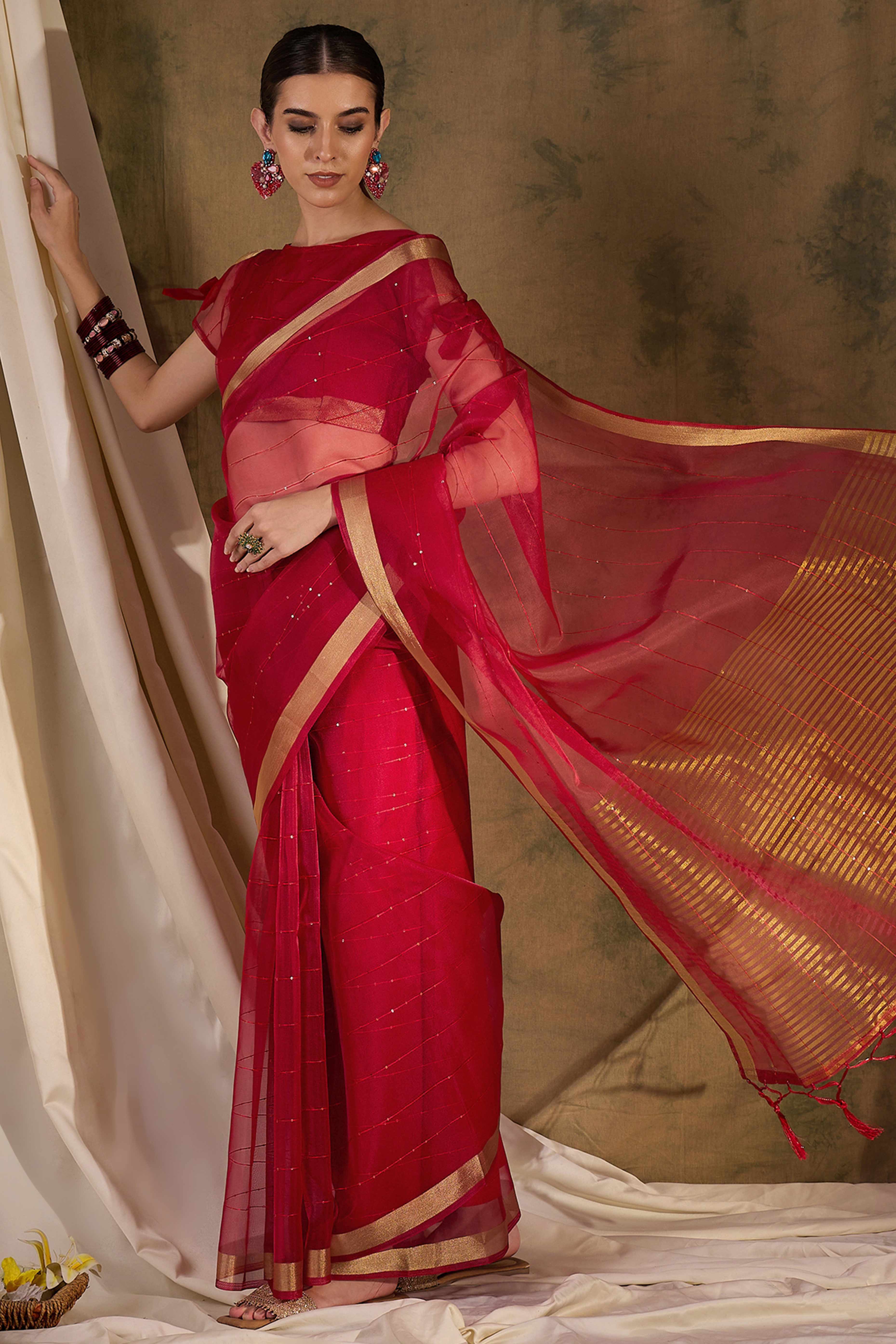 Red Organza Silk Saree Featuring Shimmering Sequins Embroidery & Elegant Tasselled Pallu - Image 4
