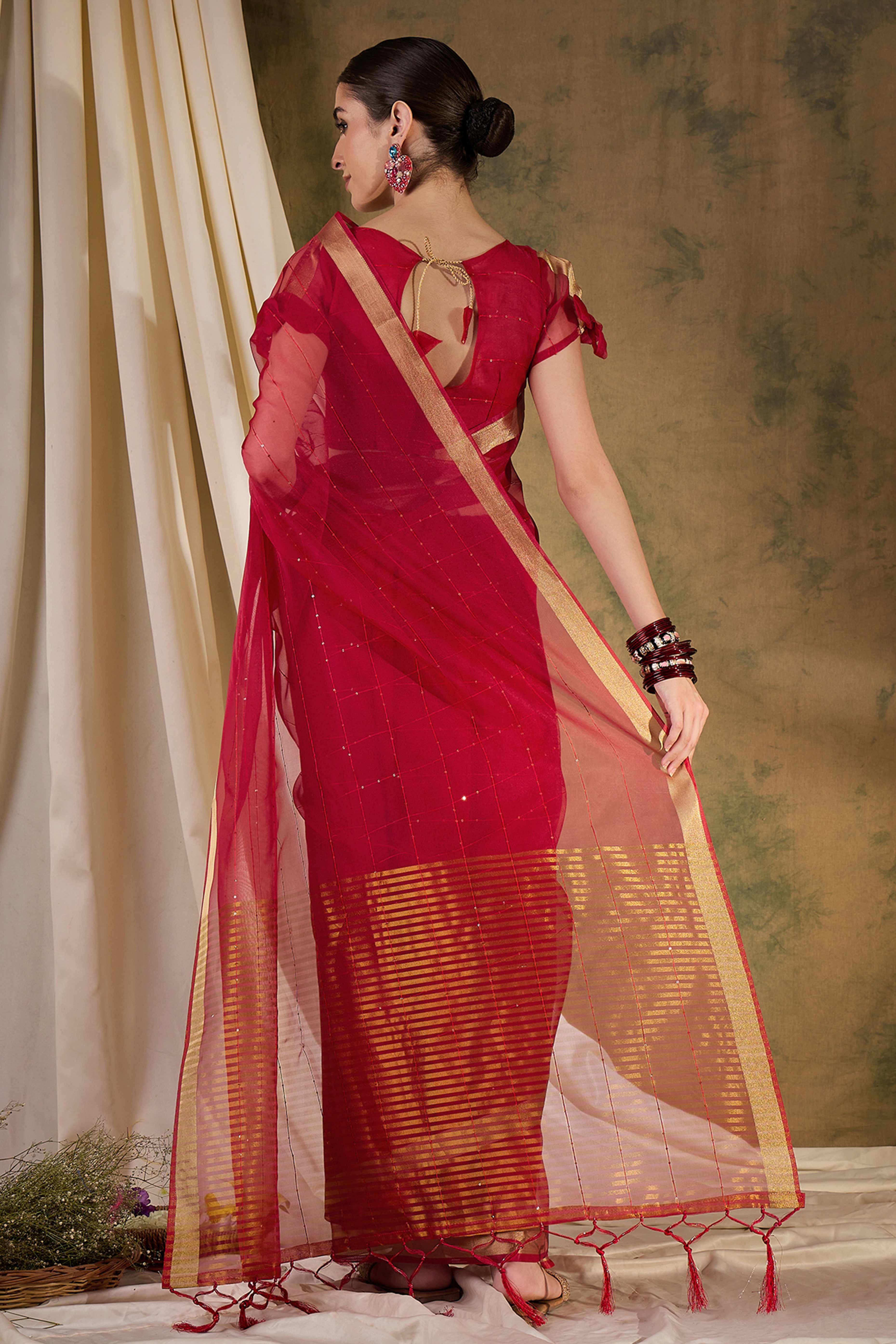 Red Organza Silk Saree Featuring Shimmering Sequins Embroidery & Elegant Tasselled Pallu - Image 5