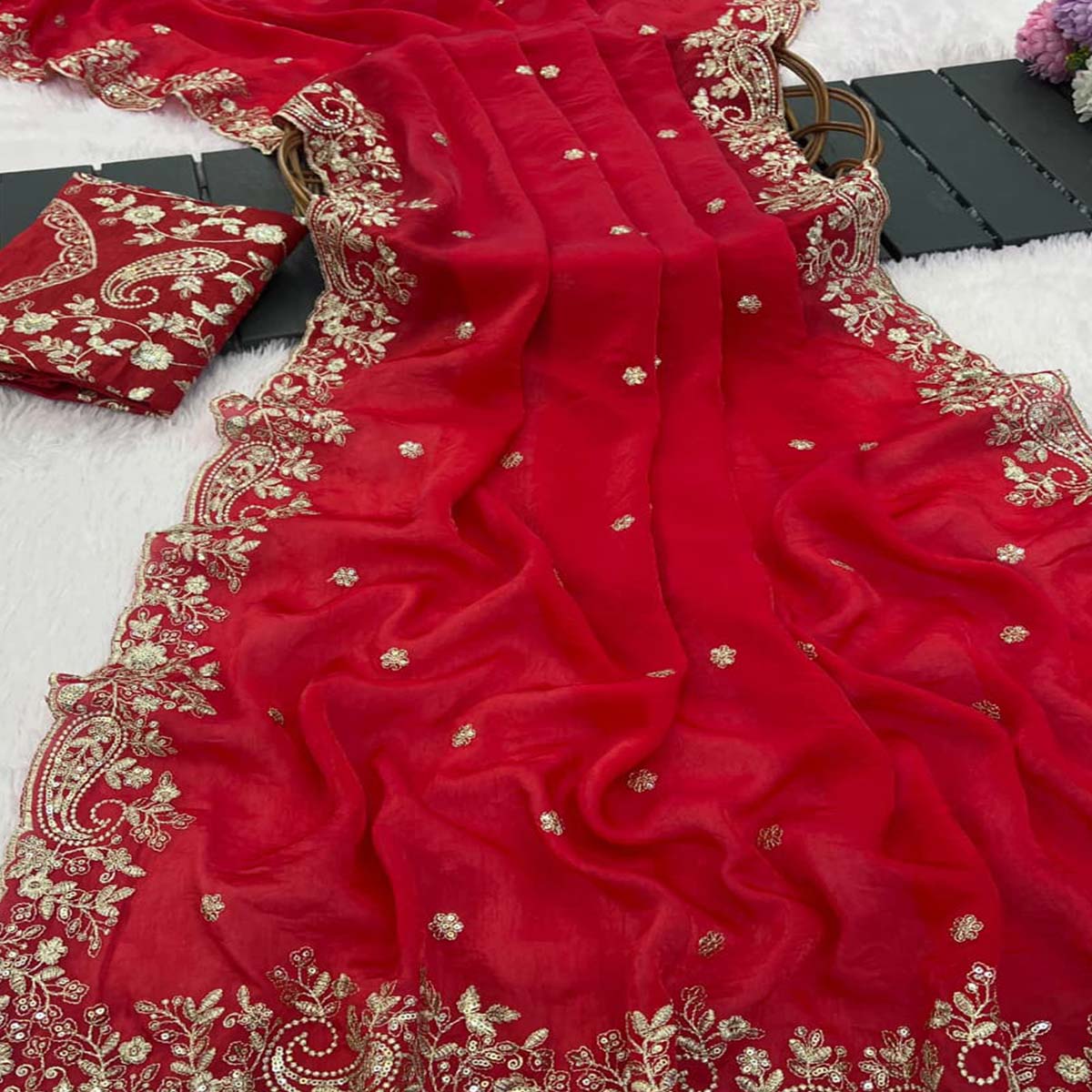 Red Partywear Organza Satin Silk Crush Saree with Delicate Floral Embroidery - Image 2
