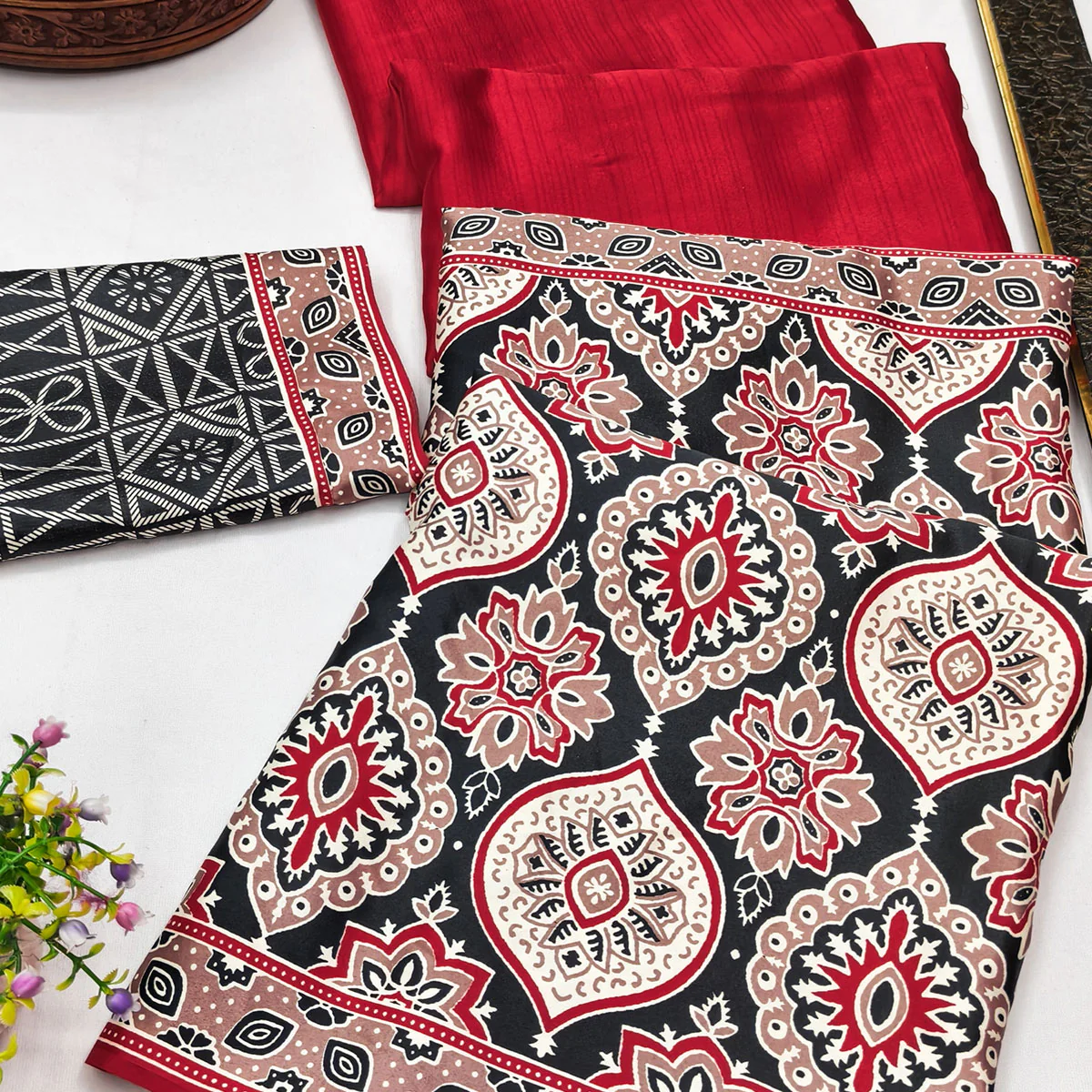 Red Premium Crepe Silk Lightweight Saree Adorned with Classic Ajrakh Patterns - Image 2