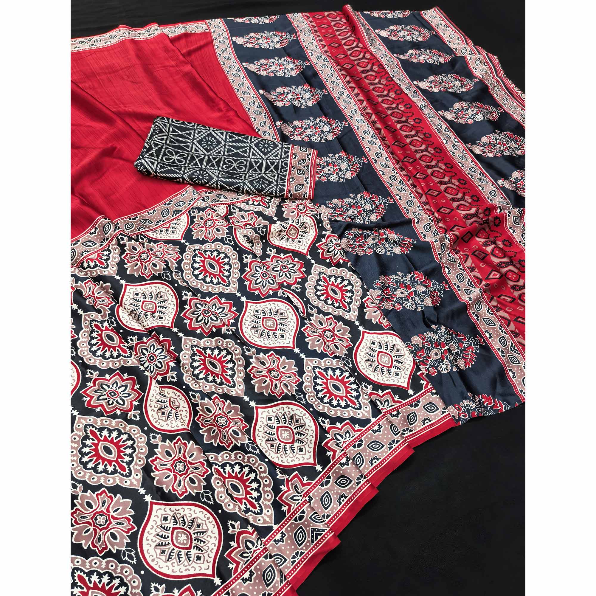 Red Premium Crepe Silk Lightweight Saree Adorned with Classic Ajrakh Patterns - Image 3