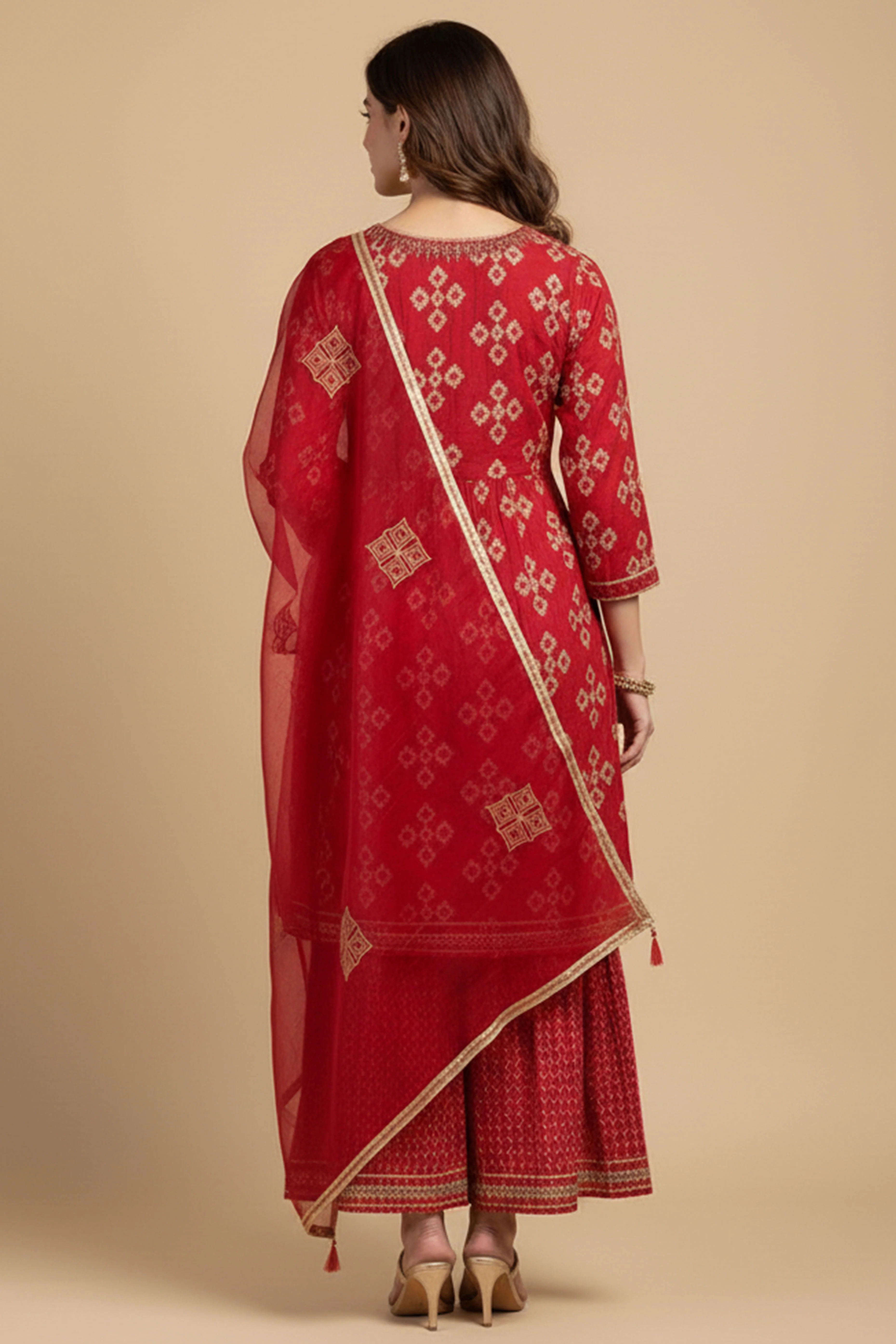 Red Printed Chanderi Silk Sharara Suit - Image 3
