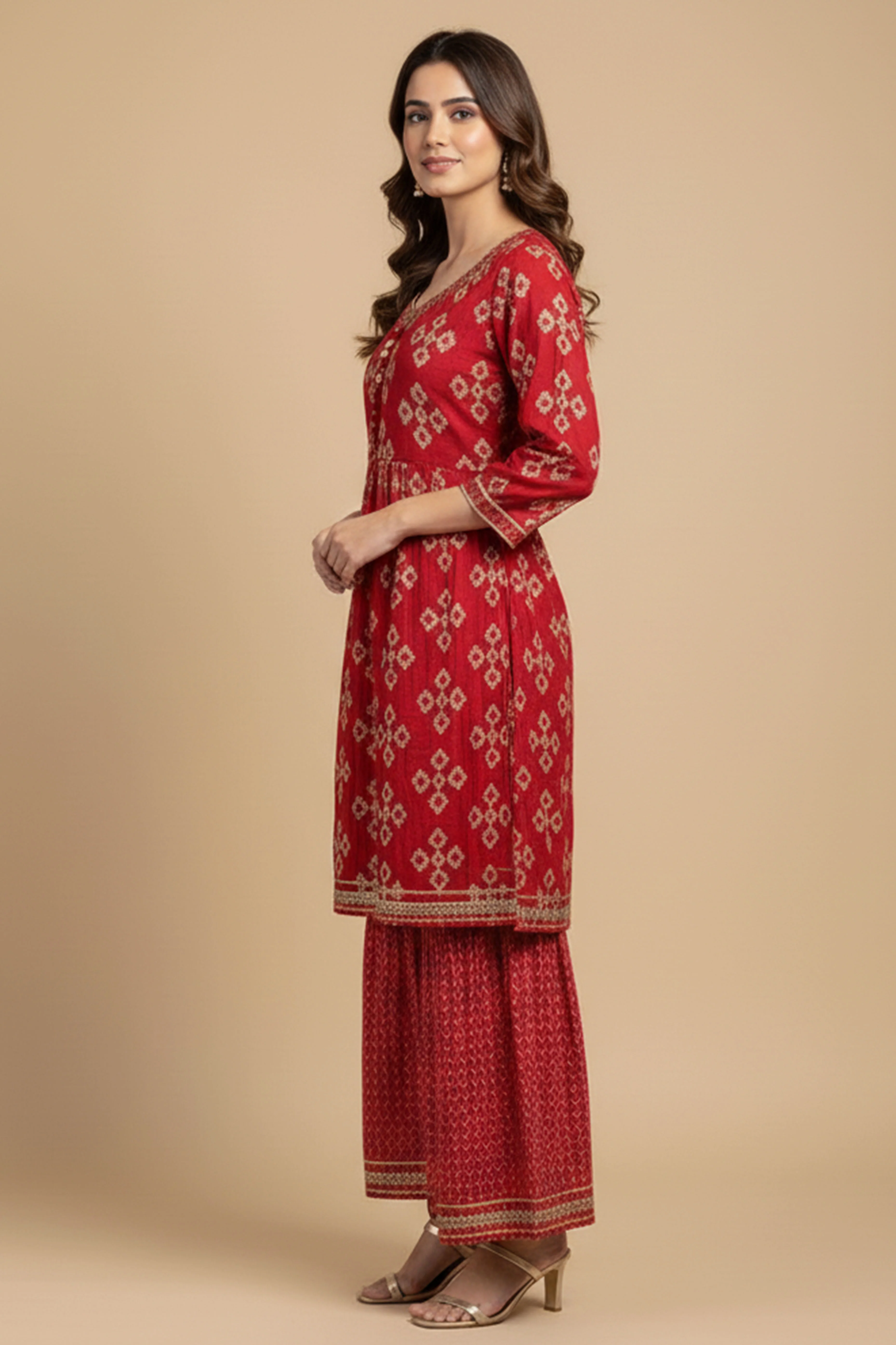 Red Printed Chanderi Silk Sharara Suit - Image 4