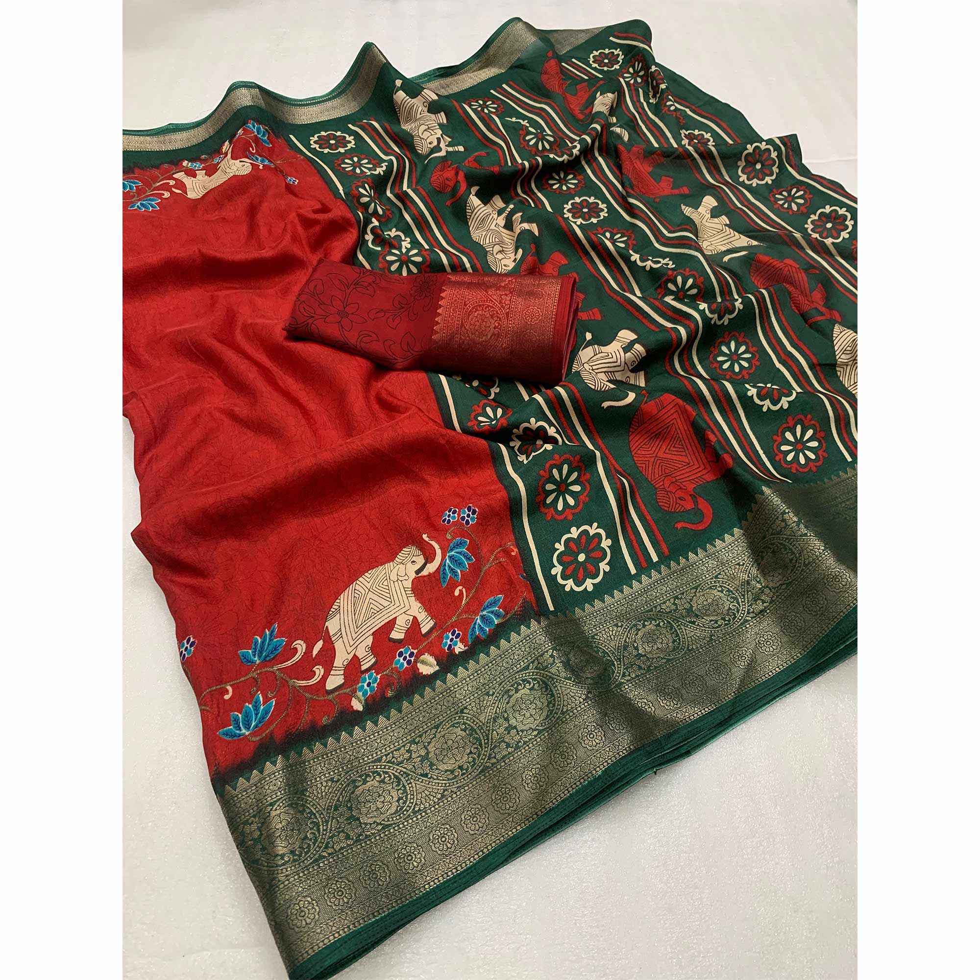 Red Printed Dola Silk Saree - Image 3