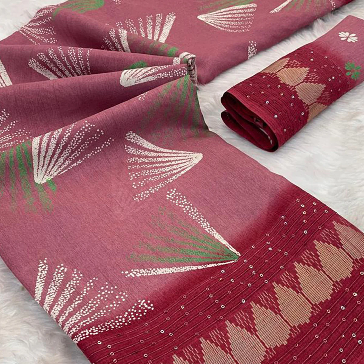 Red Printed Dola Silk Saree with Contrast Woven Border Charm - Image 2