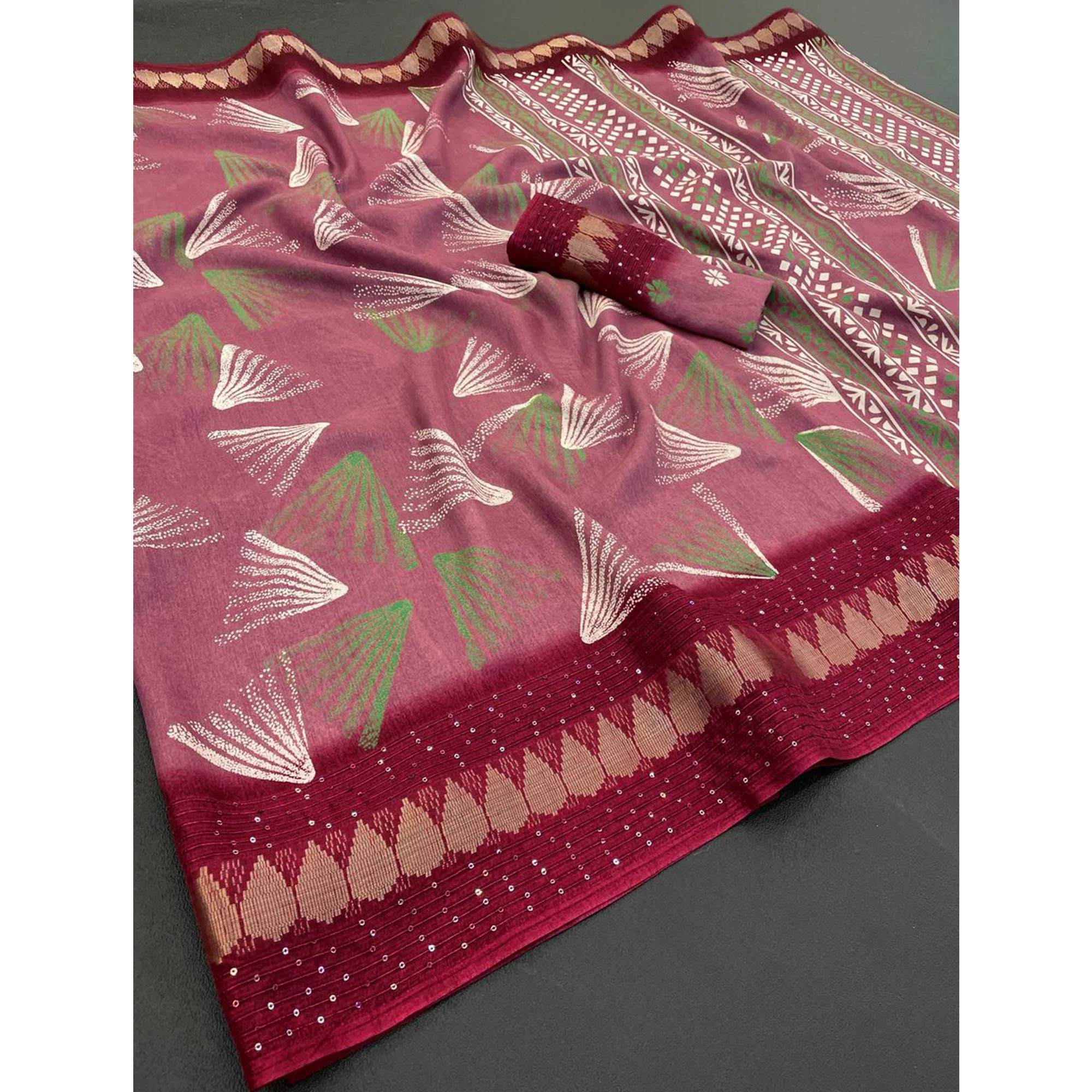Red Printed Dola Silk Saree with Contrast Woven Border Charm - Image 3
