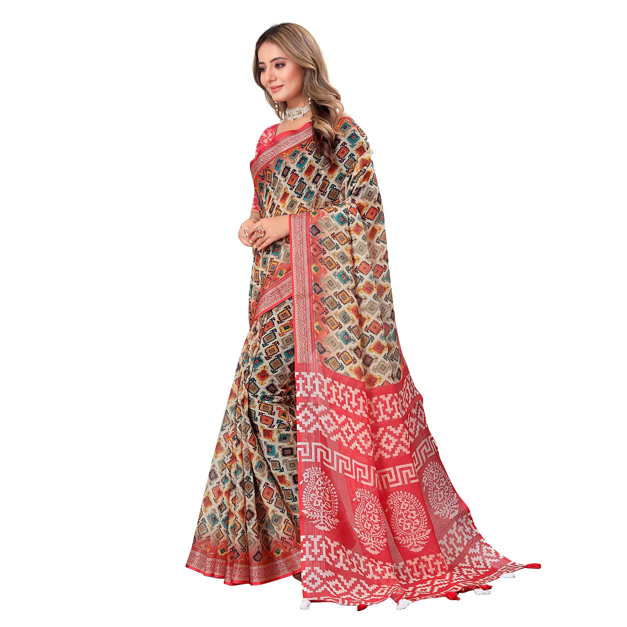 Red Printed Linen Saree - Image 4
