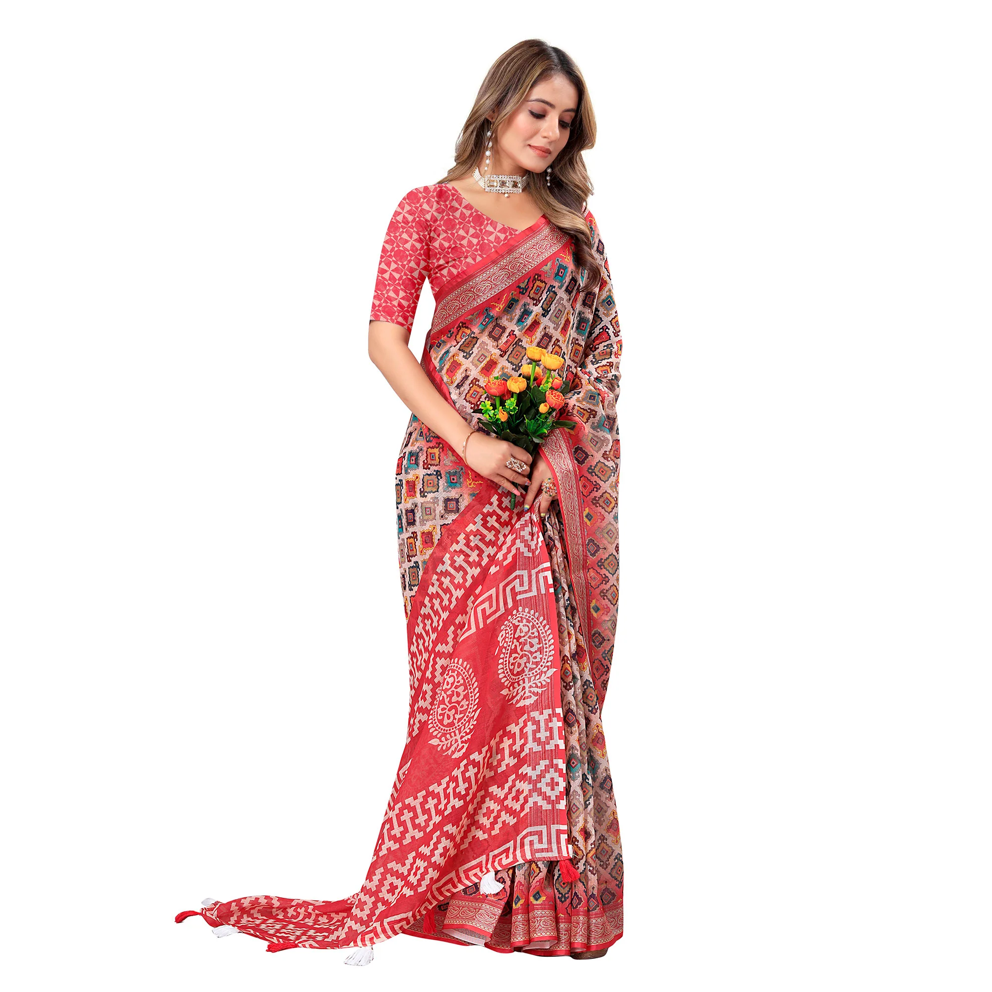 Red Printed Linen Saree - Image 5