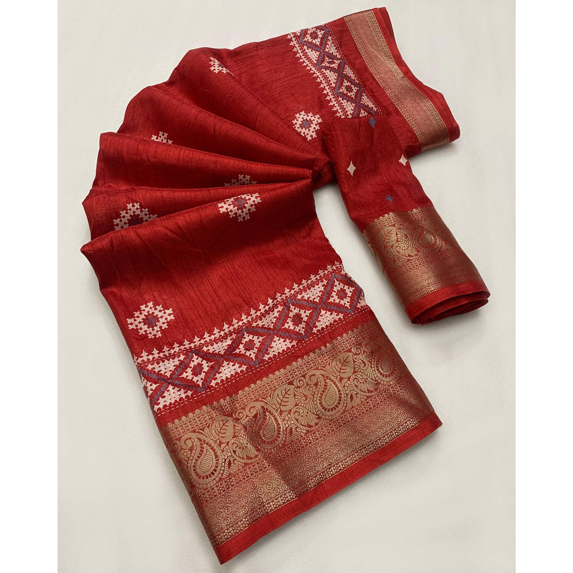 Red Printed With Weaving Border Pure Cotton Saree - Image 3