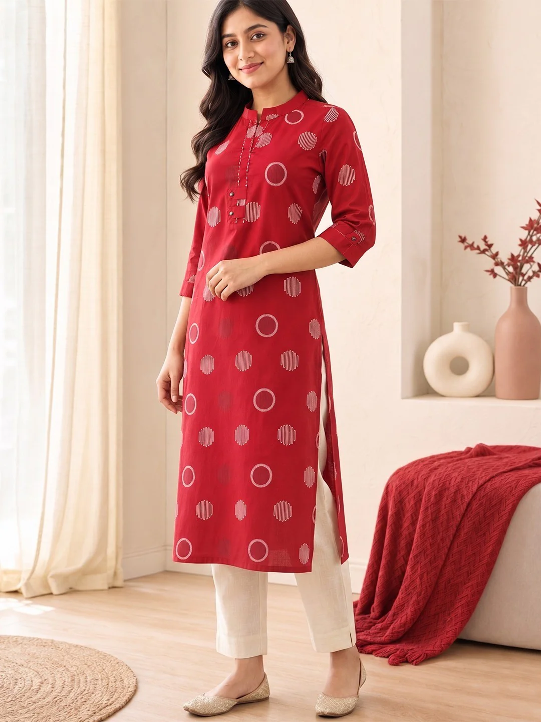 Red Pure Cotton Geometric Printed Kurti - Image 3