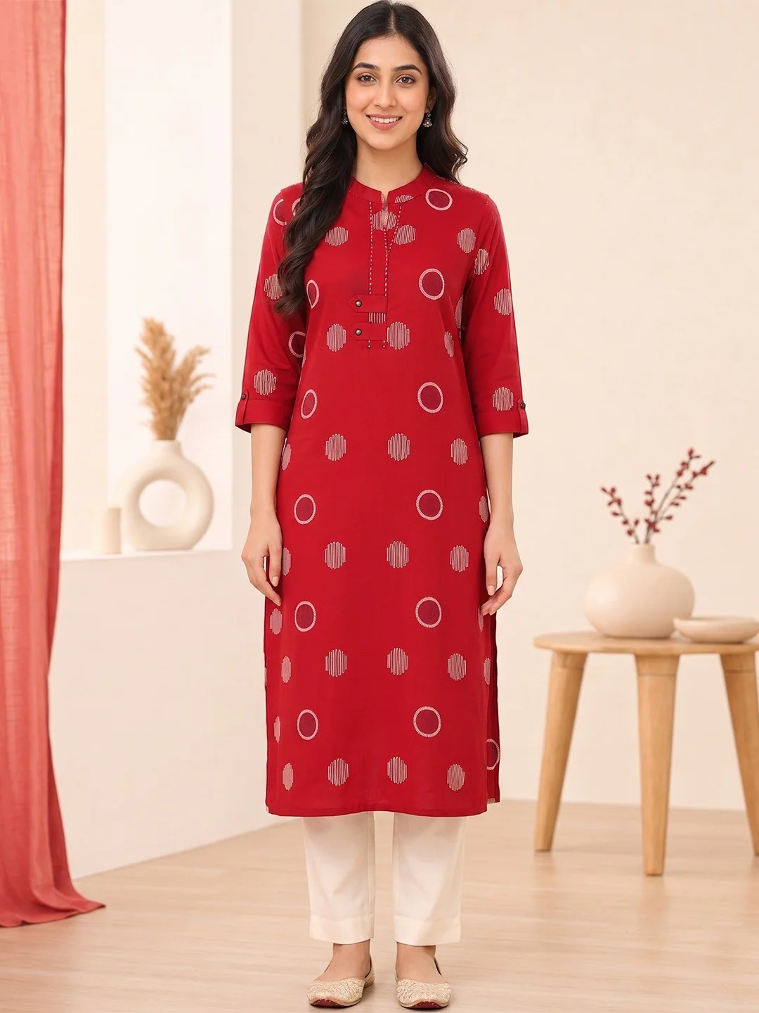 Red Pure Cotton Geometric Printed Kurti - Image 4