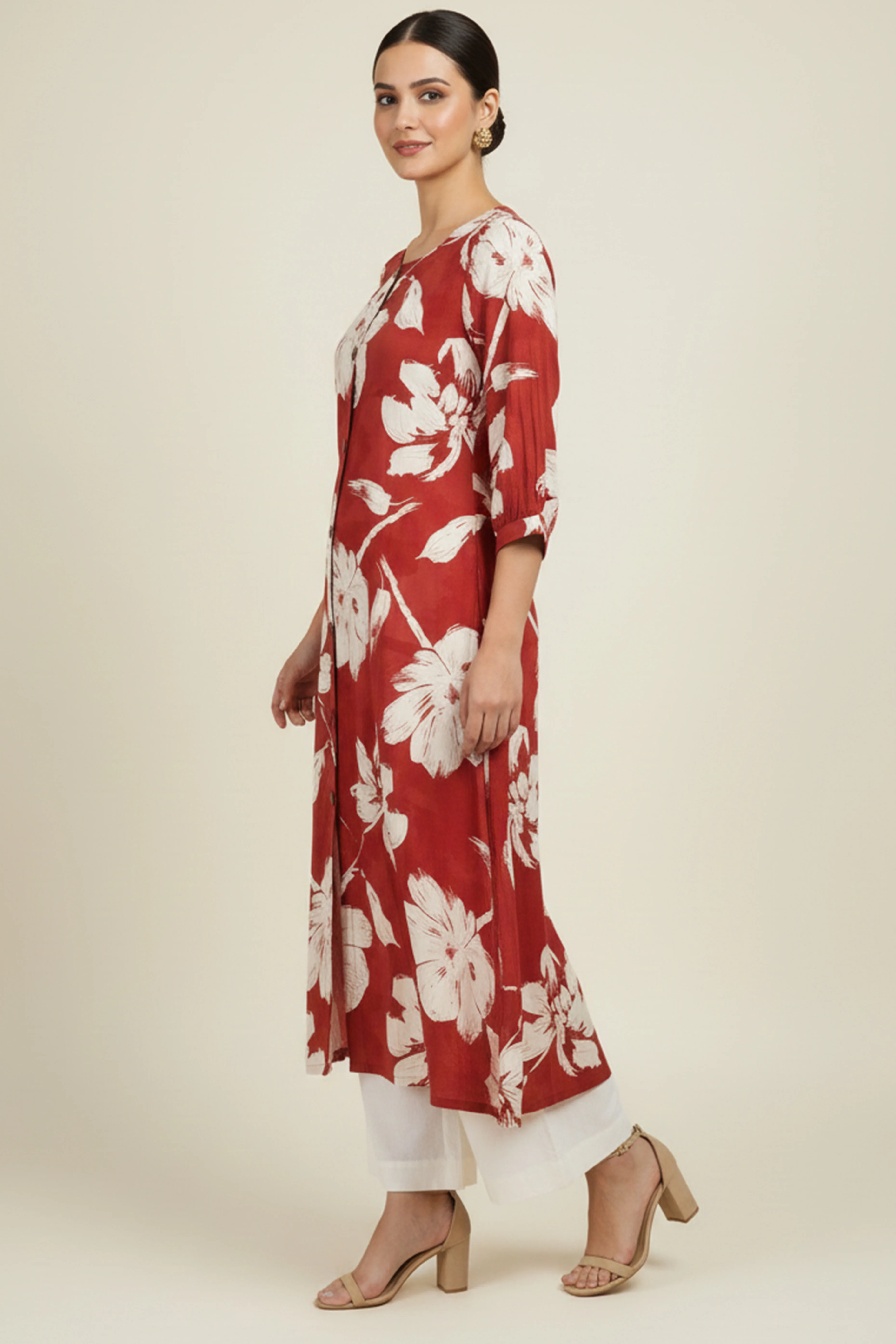 Red Rayon Kurti Accented with Delicate Floral Motifs - Image 4