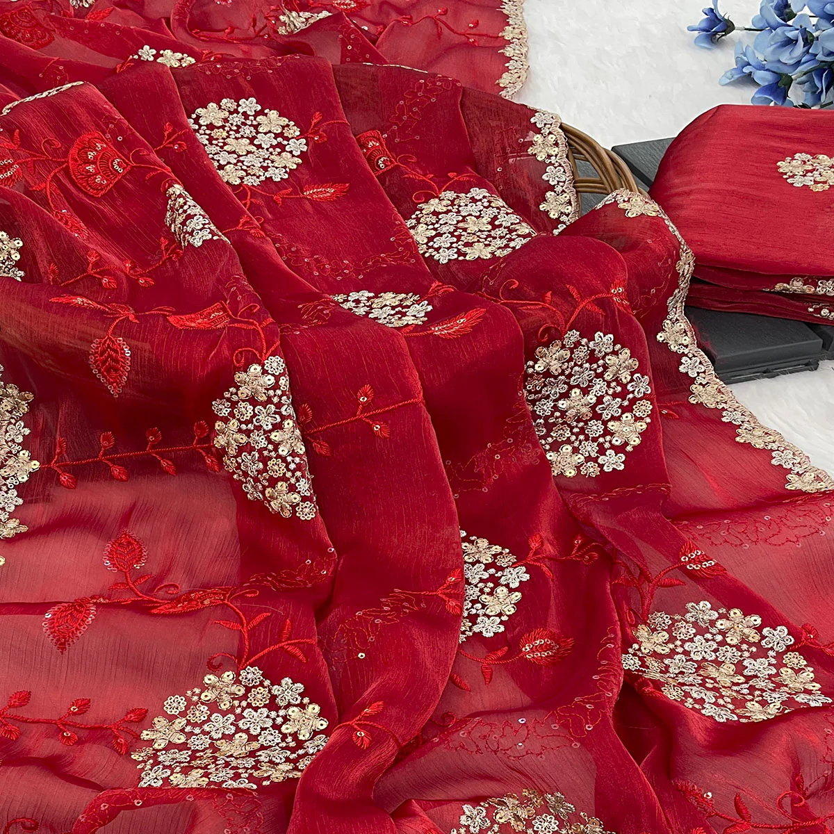 Red Sequins Embroidered Chiffon Saree - Image 2