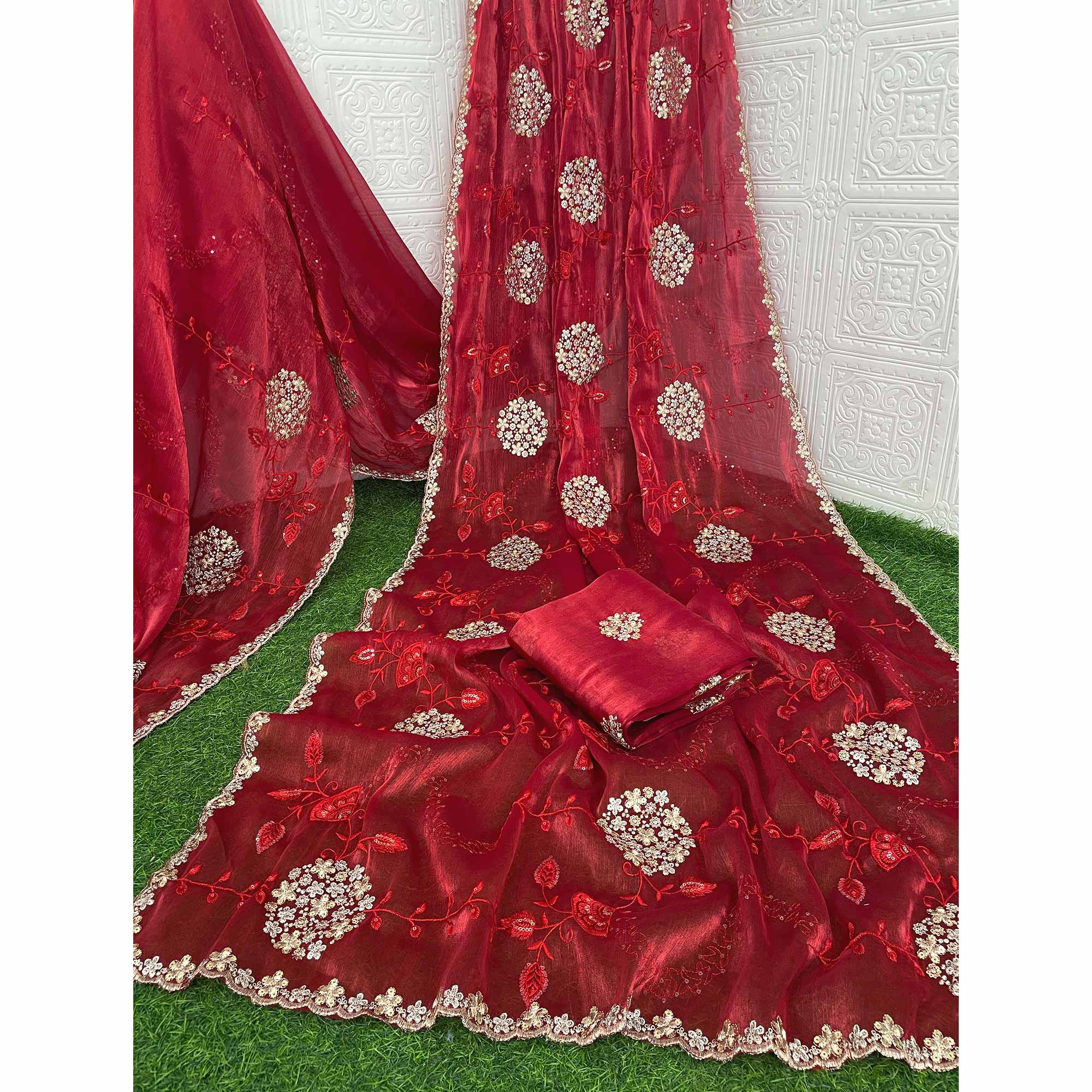 Red Sequins Embroidered Chiffon Saree - Image 4