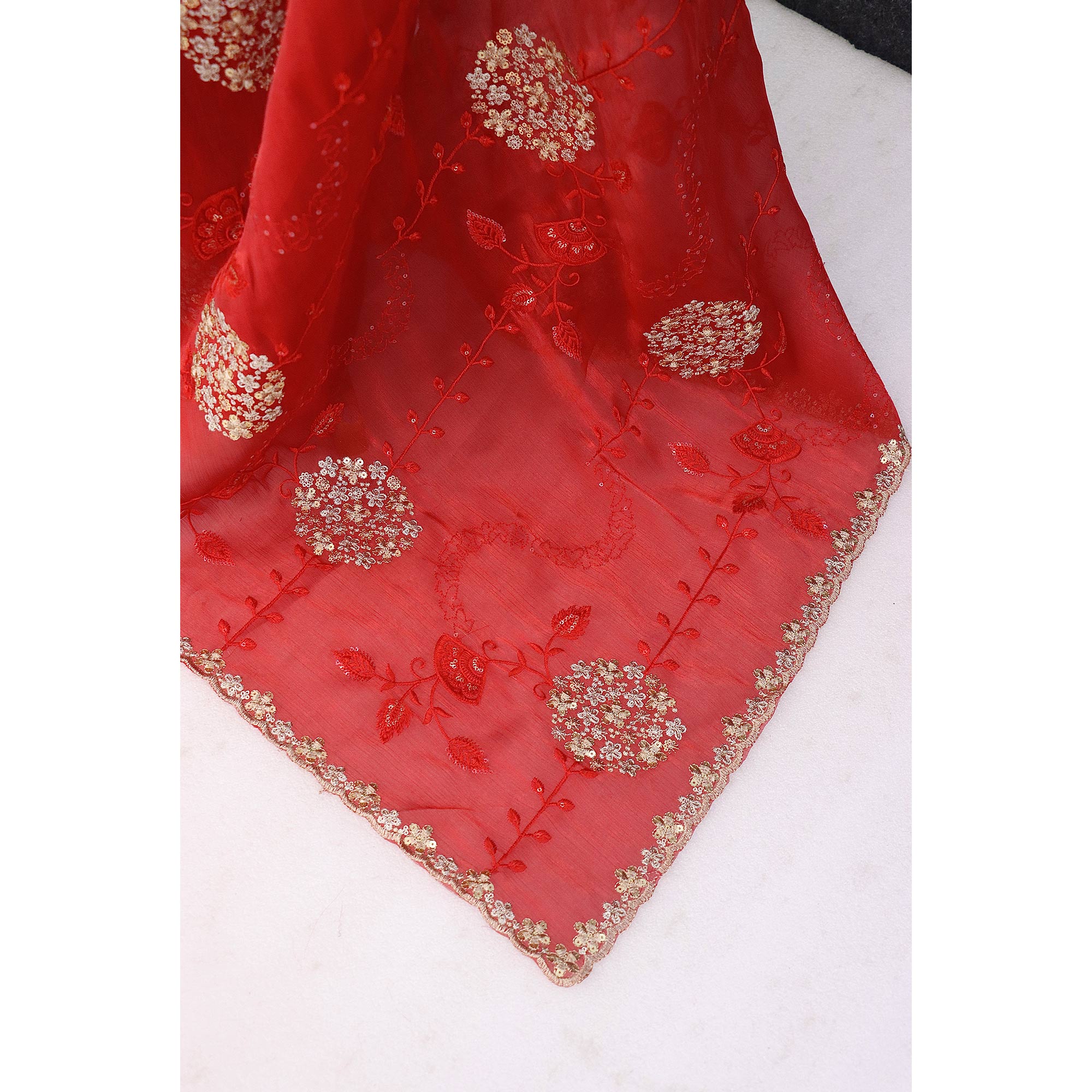 Red Sequins Embroidered Chiffon Saree - Image 5