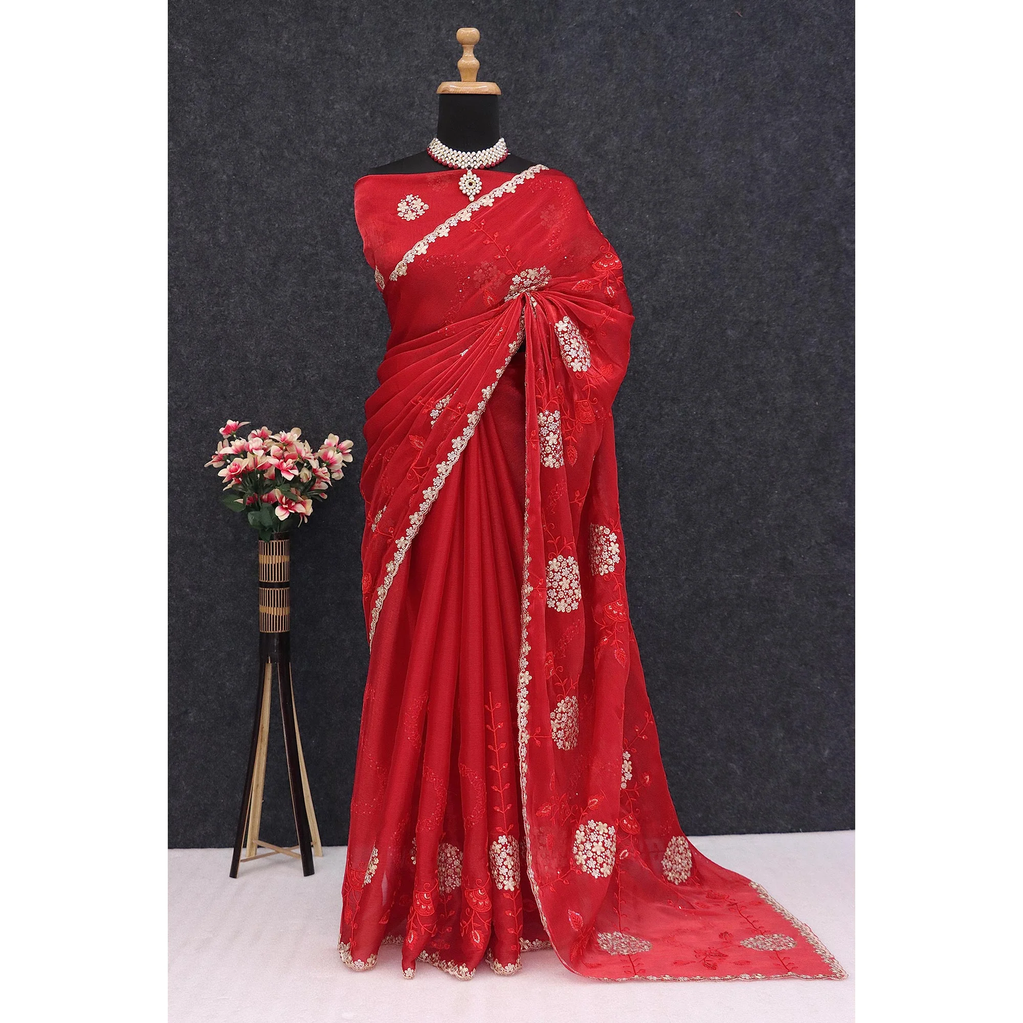 Red Sequins Embroidered Chiffon Saree - Image 6