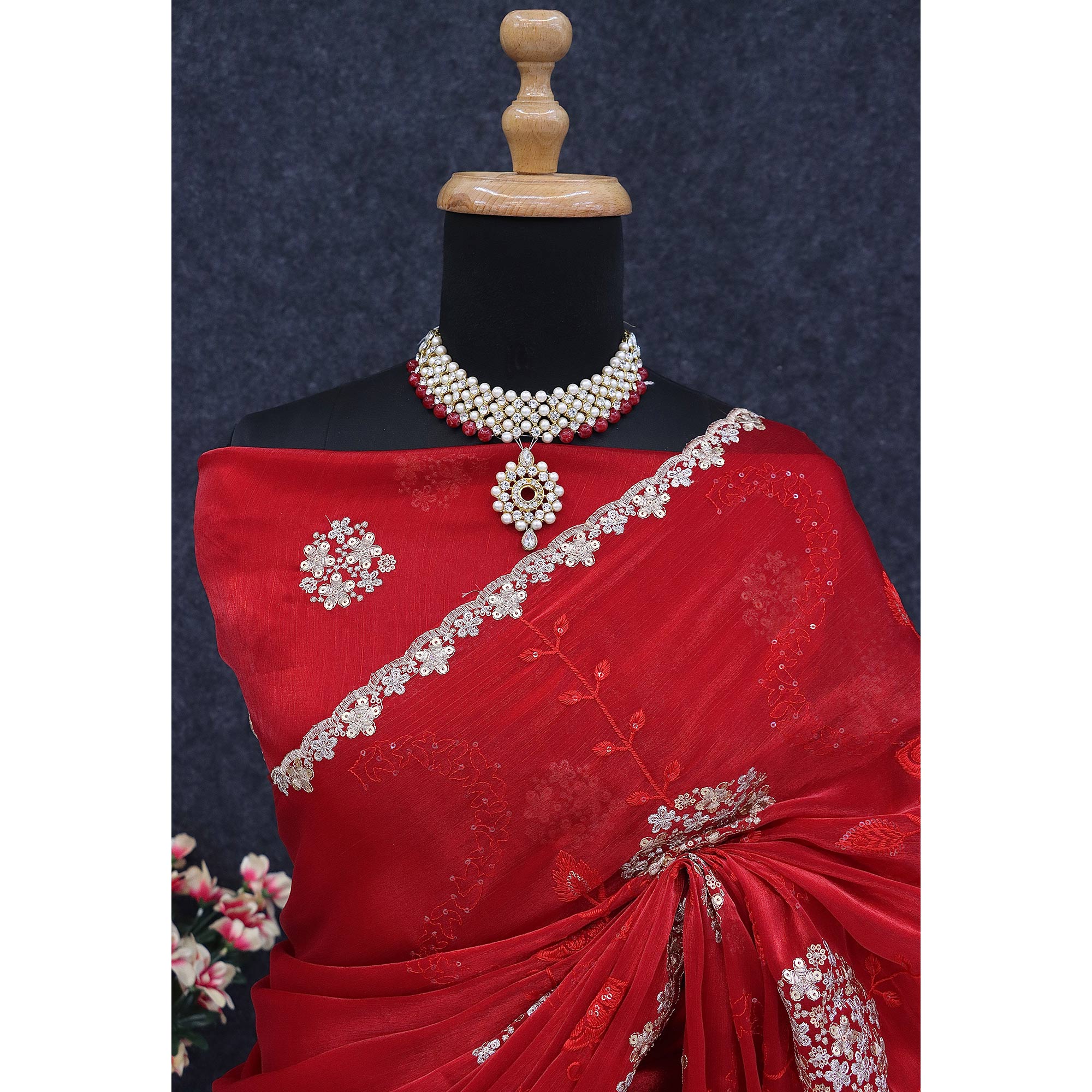 Red Sequins Embroidered Chiffon Saree - Image 7
