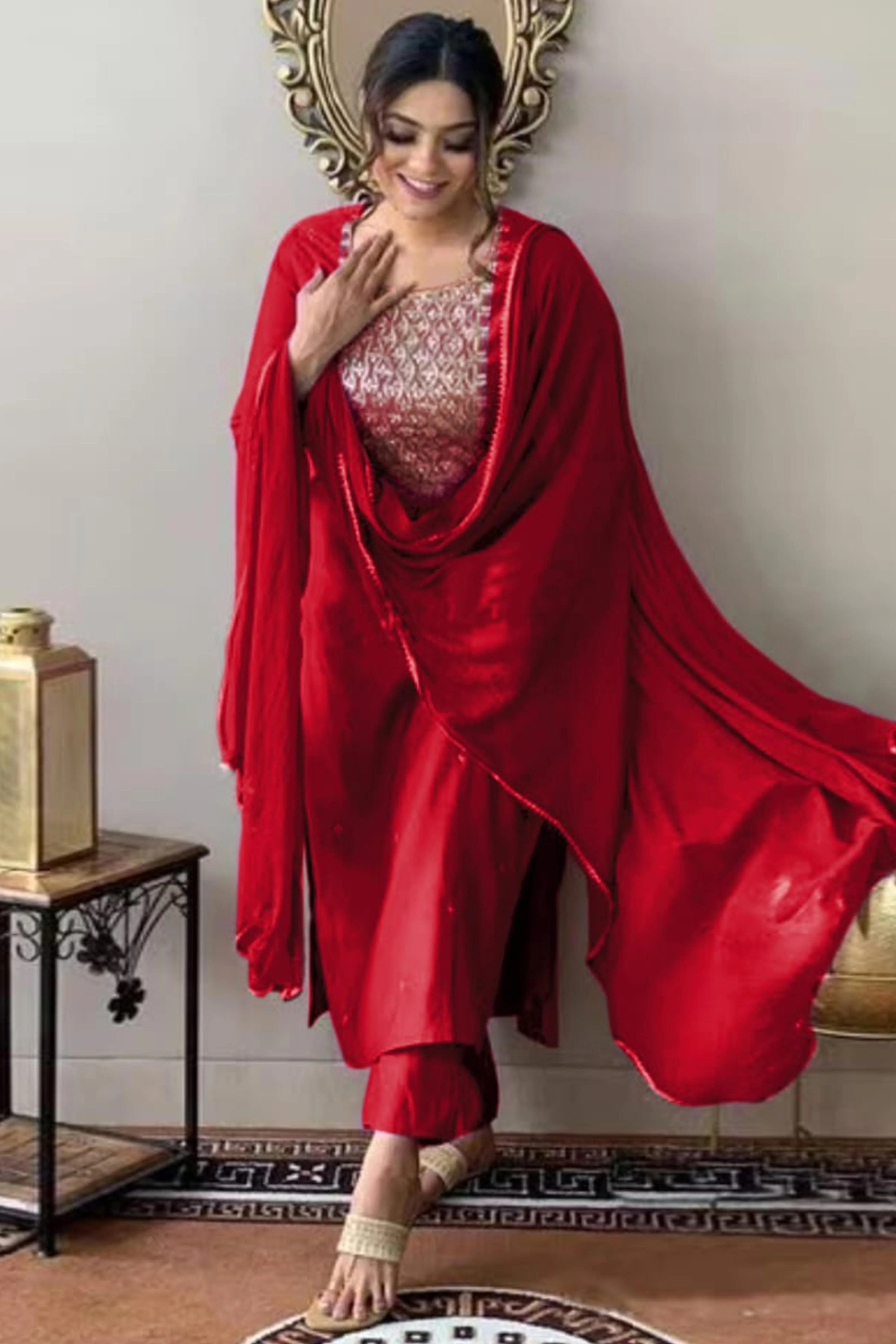 Red Sequins Embroidered Rayon Salwar Suit - Image 3